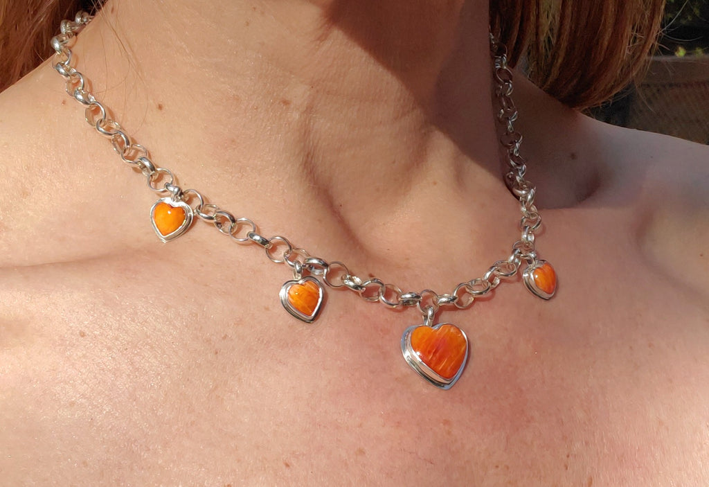 Stunning Orange Spiny Oyster 5 Stone 5 Heart Statement Necklace in Solid Sterling Silver