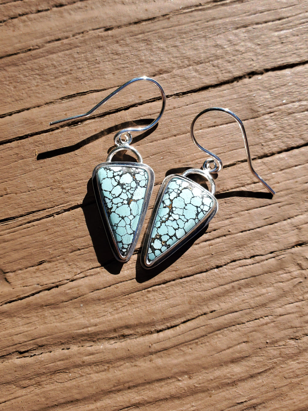 SOLD - Blue Moon Turquoise Inverted Triangle Dangle Drop Earrings in Solid Sterling Silver