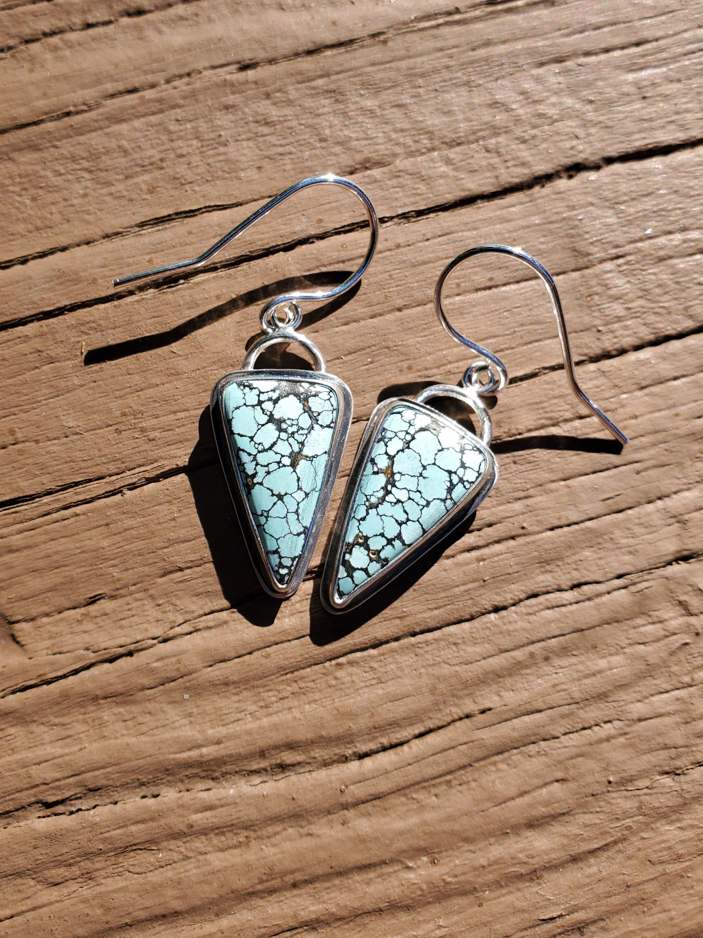 SOLD - Blue Moon Turquoise Inverted Triangle Dangle Drop Earrings in Solid Sterling Silver