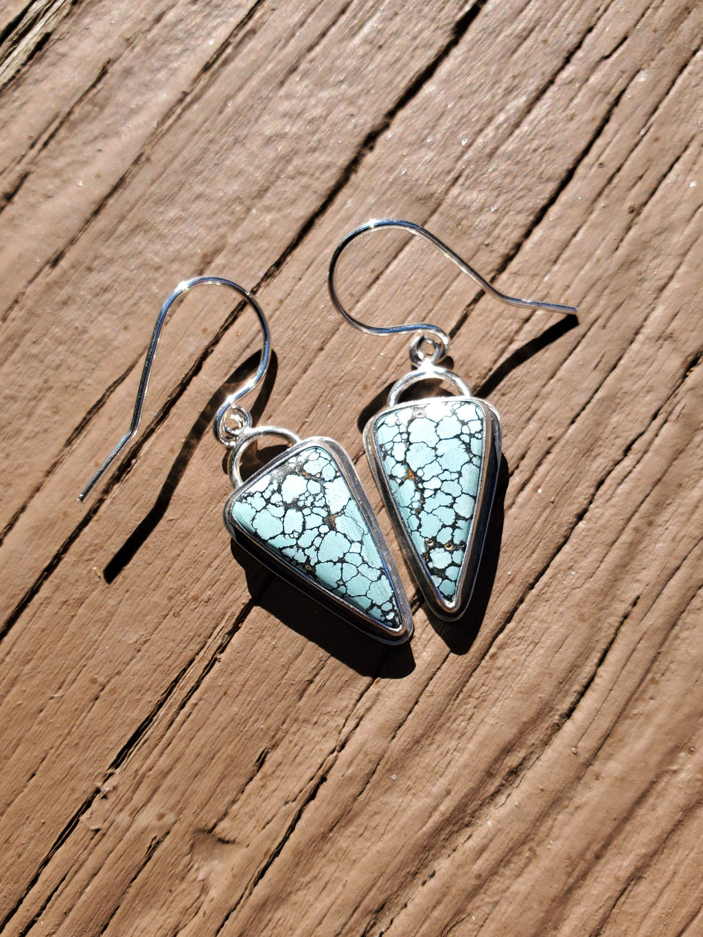 SOLD - Blue Moon Turquoise Inverted Triangle Dangle Drop Earrings in Solid Sterling Silver