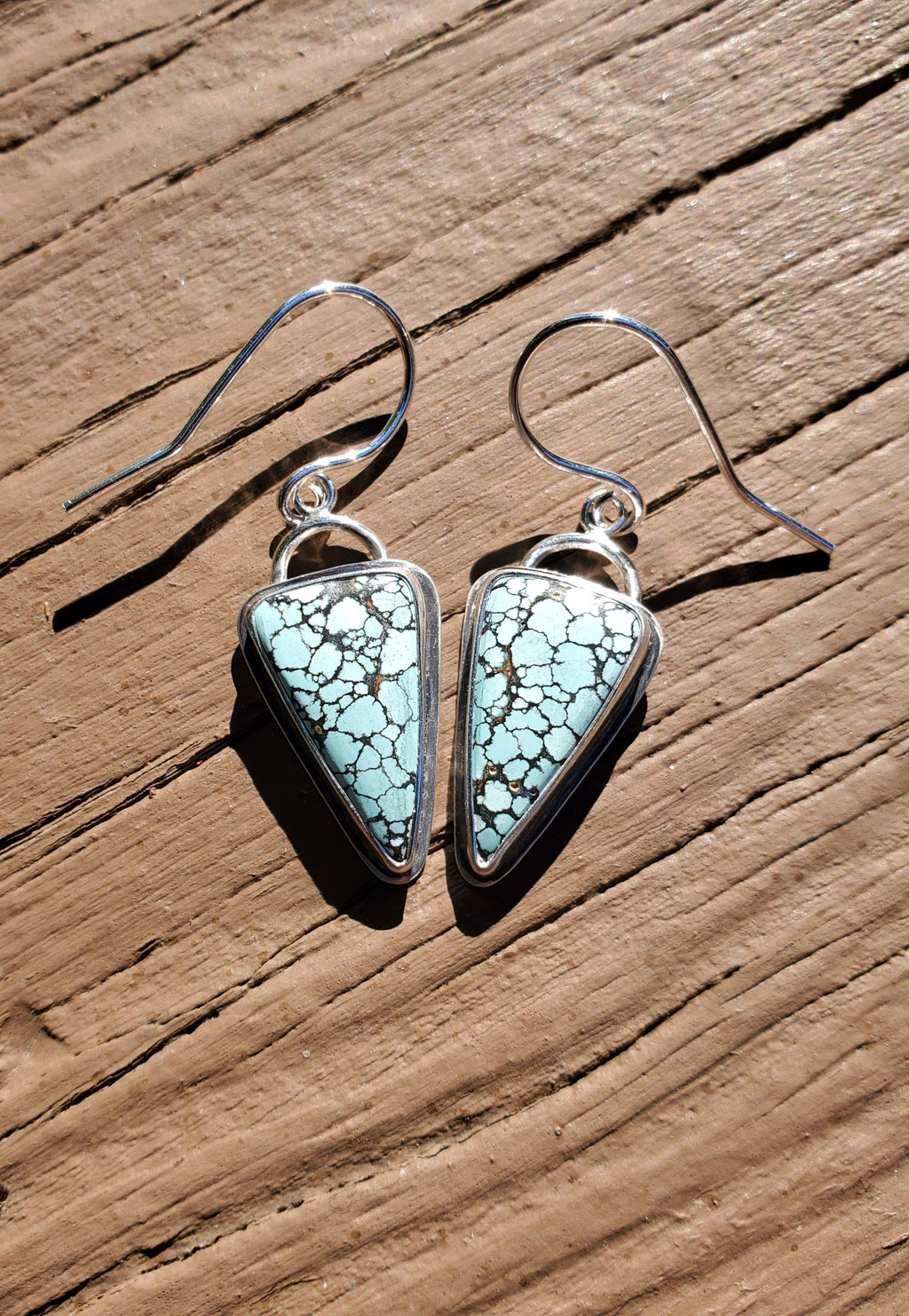 SOLD - Blue Moon Turquoise Inverted Triangle Dangle Drop Earrings in Solid Sterling Silver