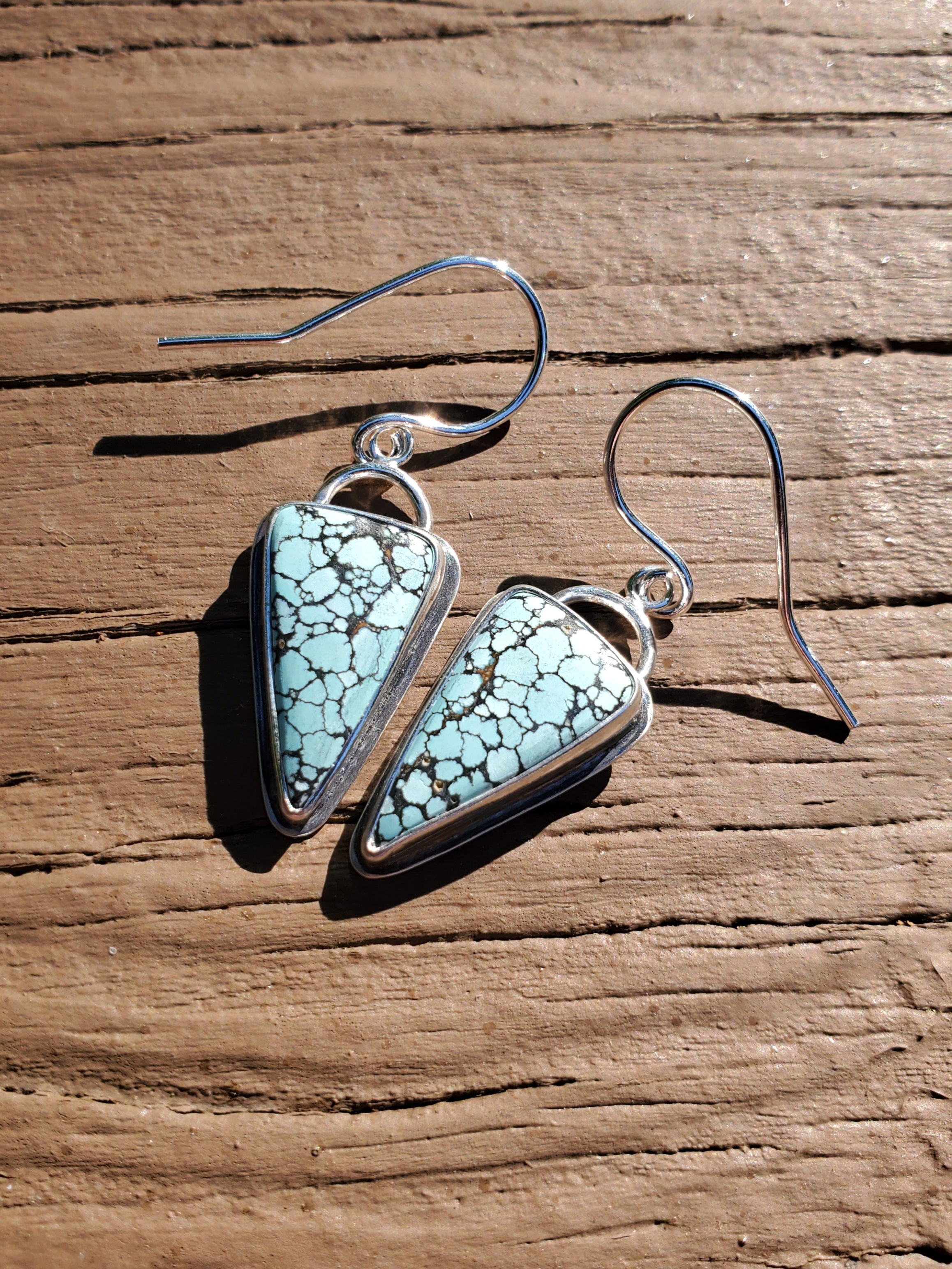 SOLD - Blue Moon Turquoise Inverted Triangle Dangle Drop Earrings in Solid Sterling Silver