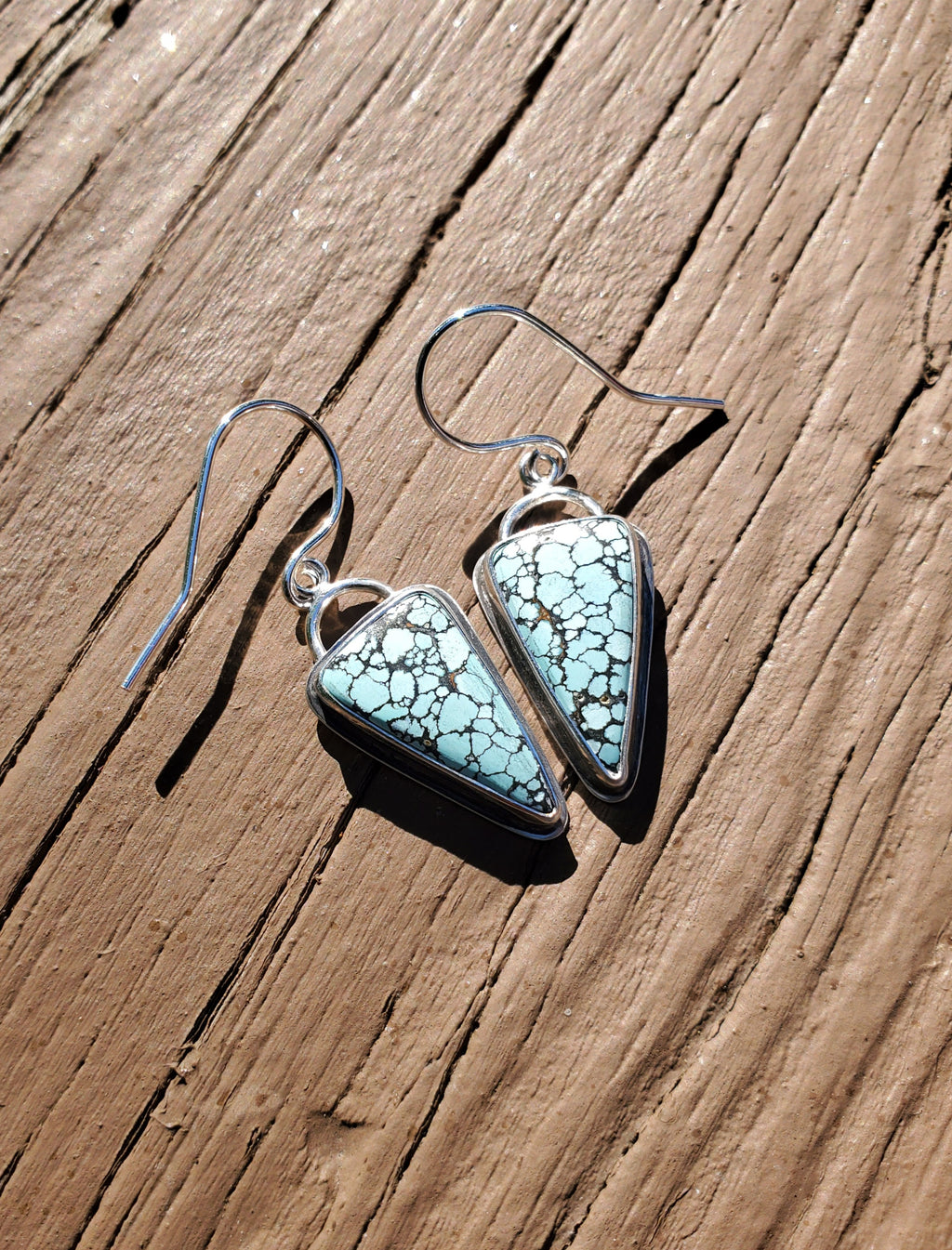SOLD - Blue Moon Turquoise Inverted Triangle Dangle Drop Earrings in Solid Sterling Silver