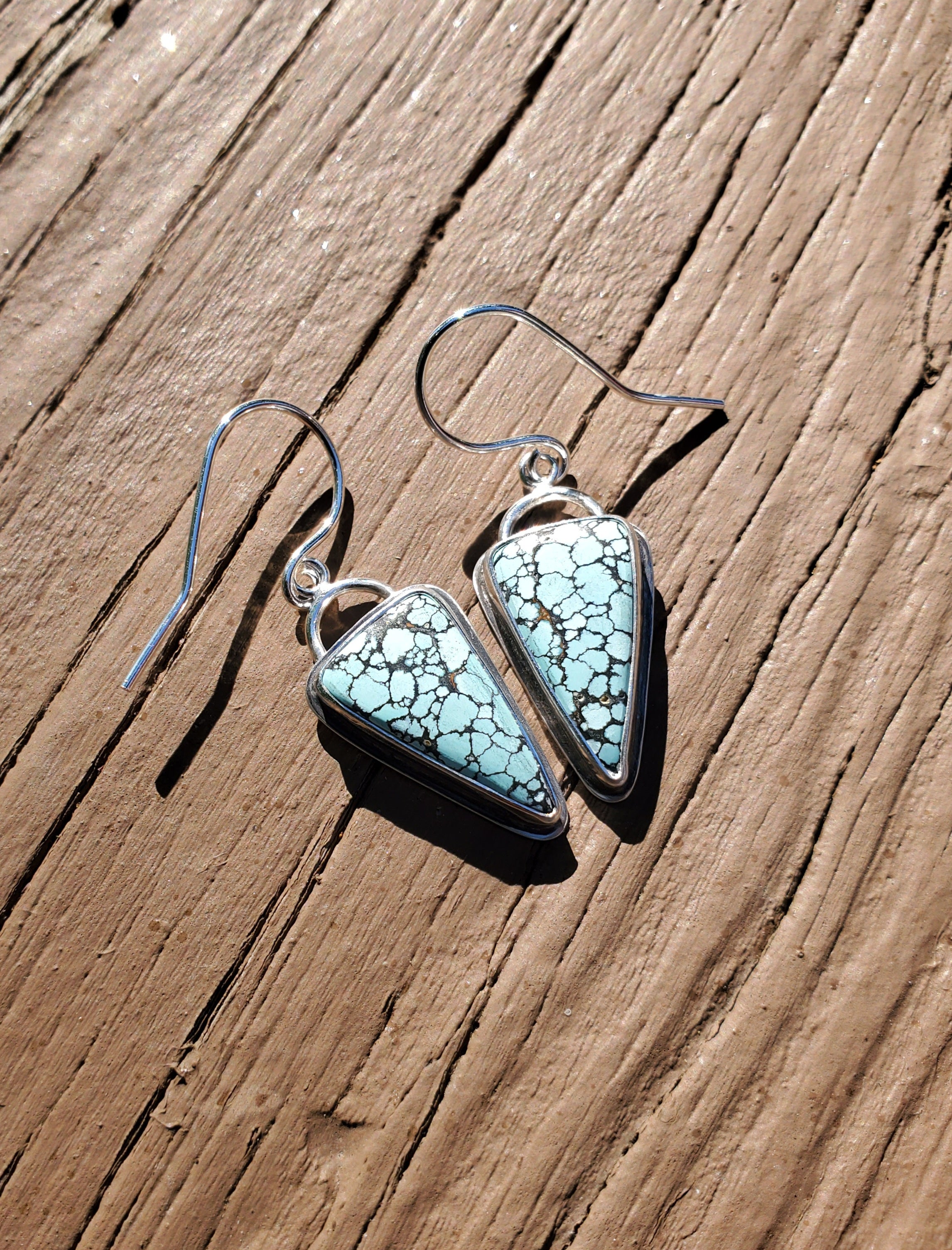 SOLD - Blue Moon Turquoise Inverted Triangle Dangle Drop Earrings in Solid Sterling Silver