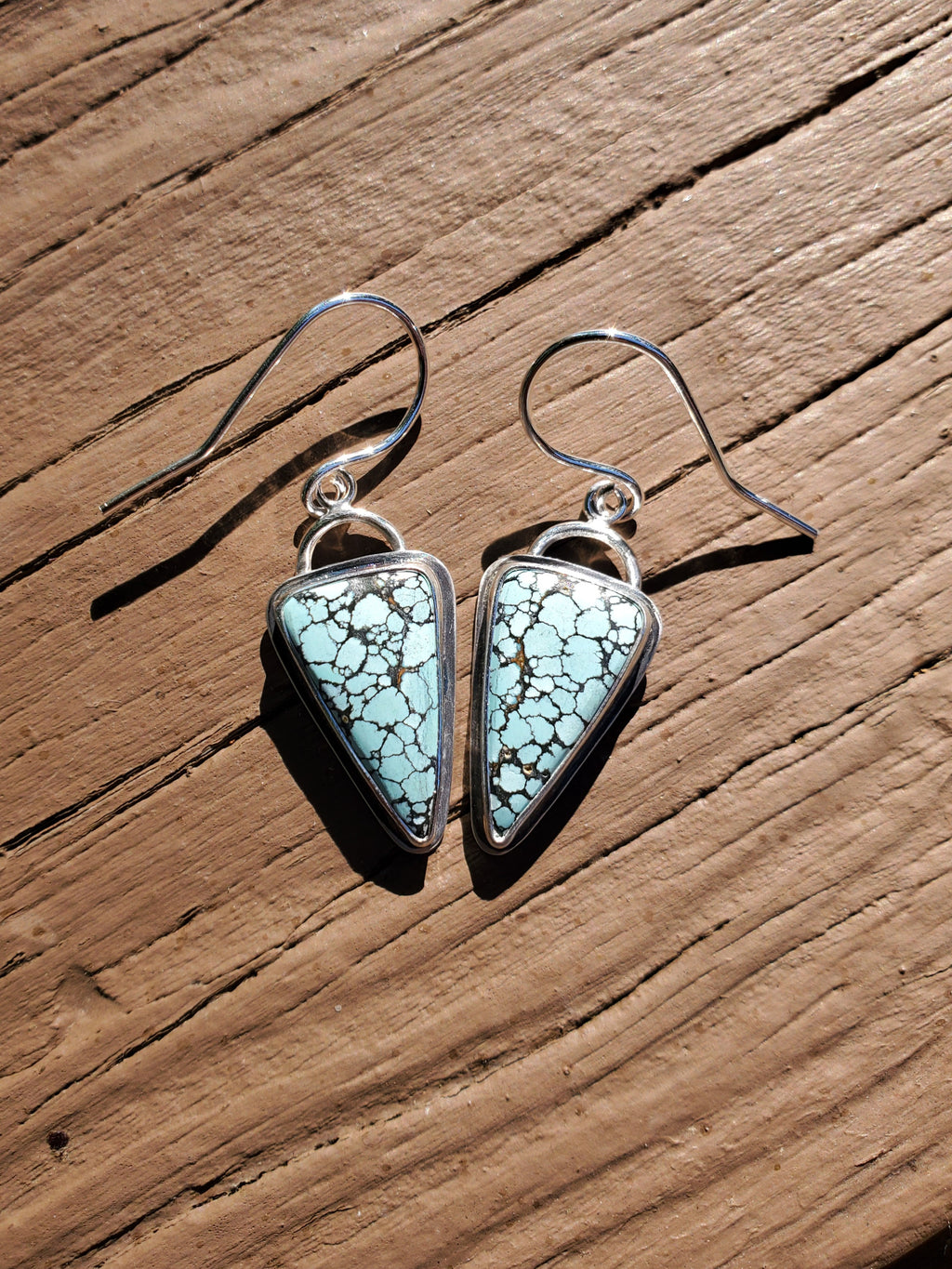 SOLD - Blue Moon Turquoise Inverted Triangle Dangle Drop Earrings in Solid Sterling Silver