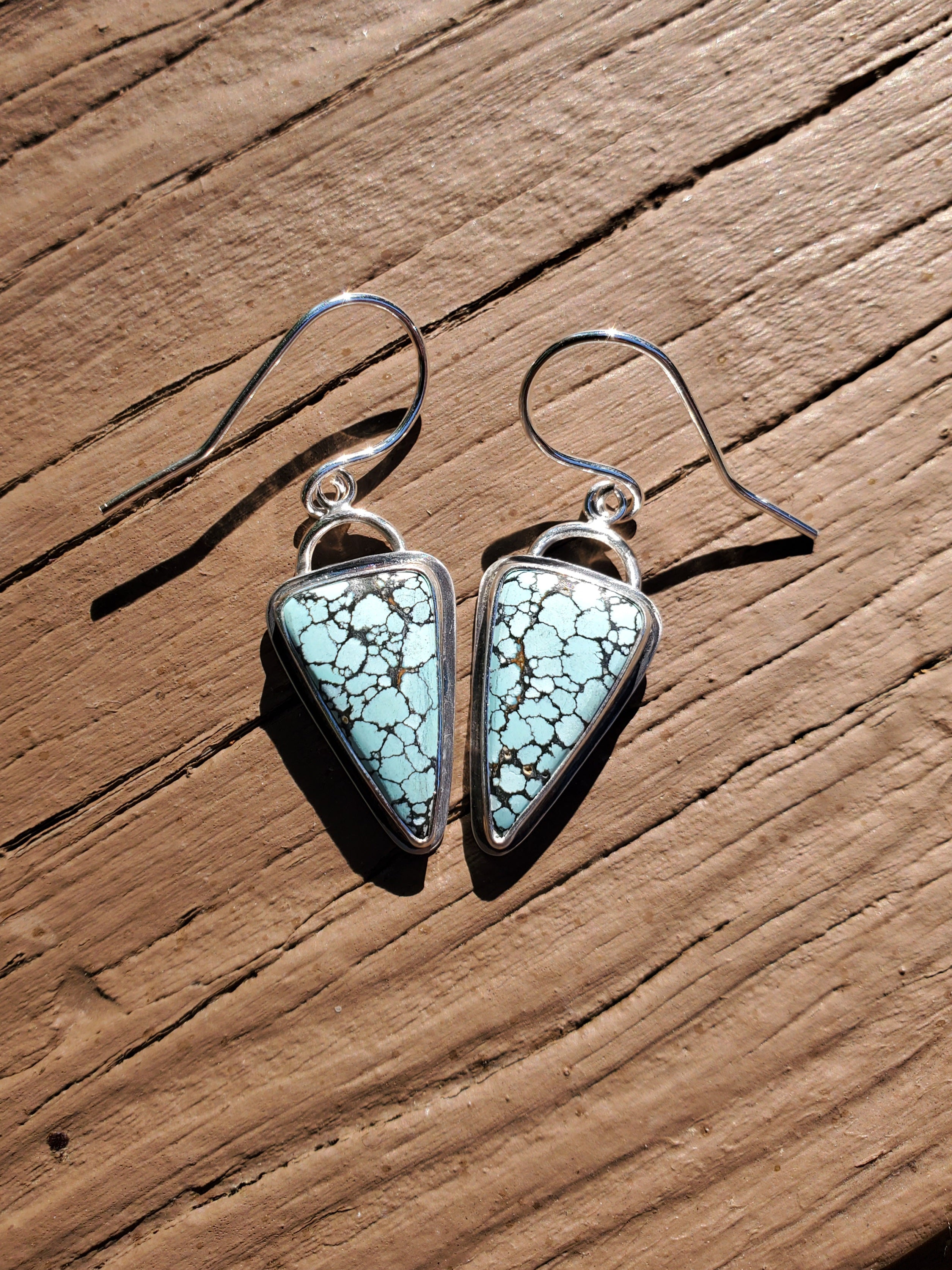 SOLD - Blue Moon Turquoise Inverted Triangle Dangle Drop Earrings in Solid Sterling Silver