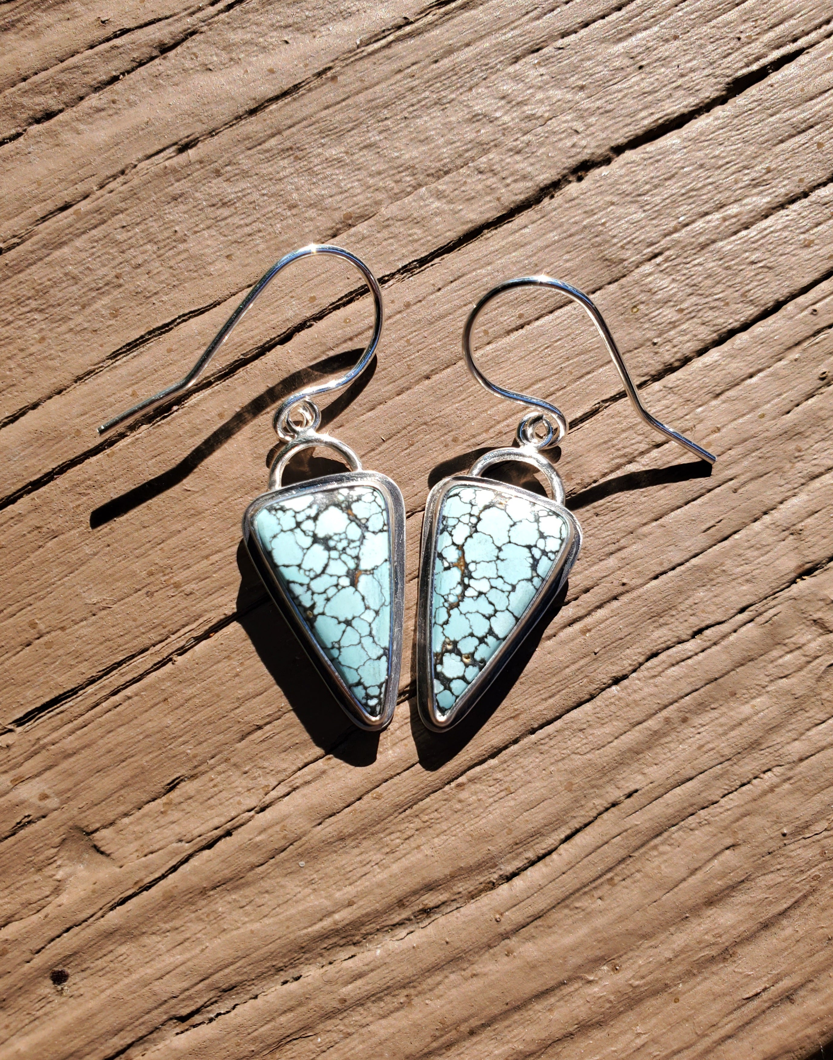 SOLD - Blue Moon Turquoise Inverted Triangle Dangle Drop Earrings in Solid Sterling Silver