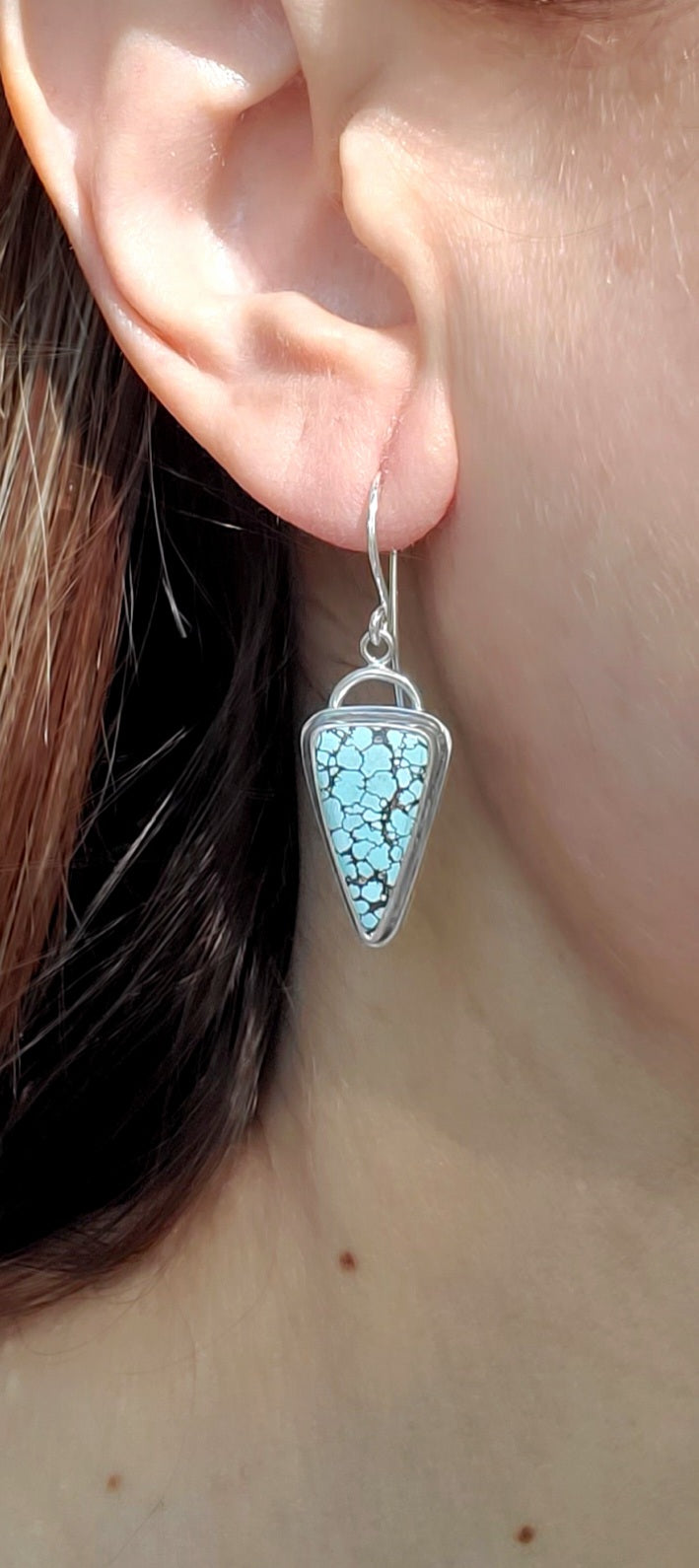 SOLD - Blue Moon Turquoise Inverted Triangle Dangle Drop Earrings in Solid Sterling Silver