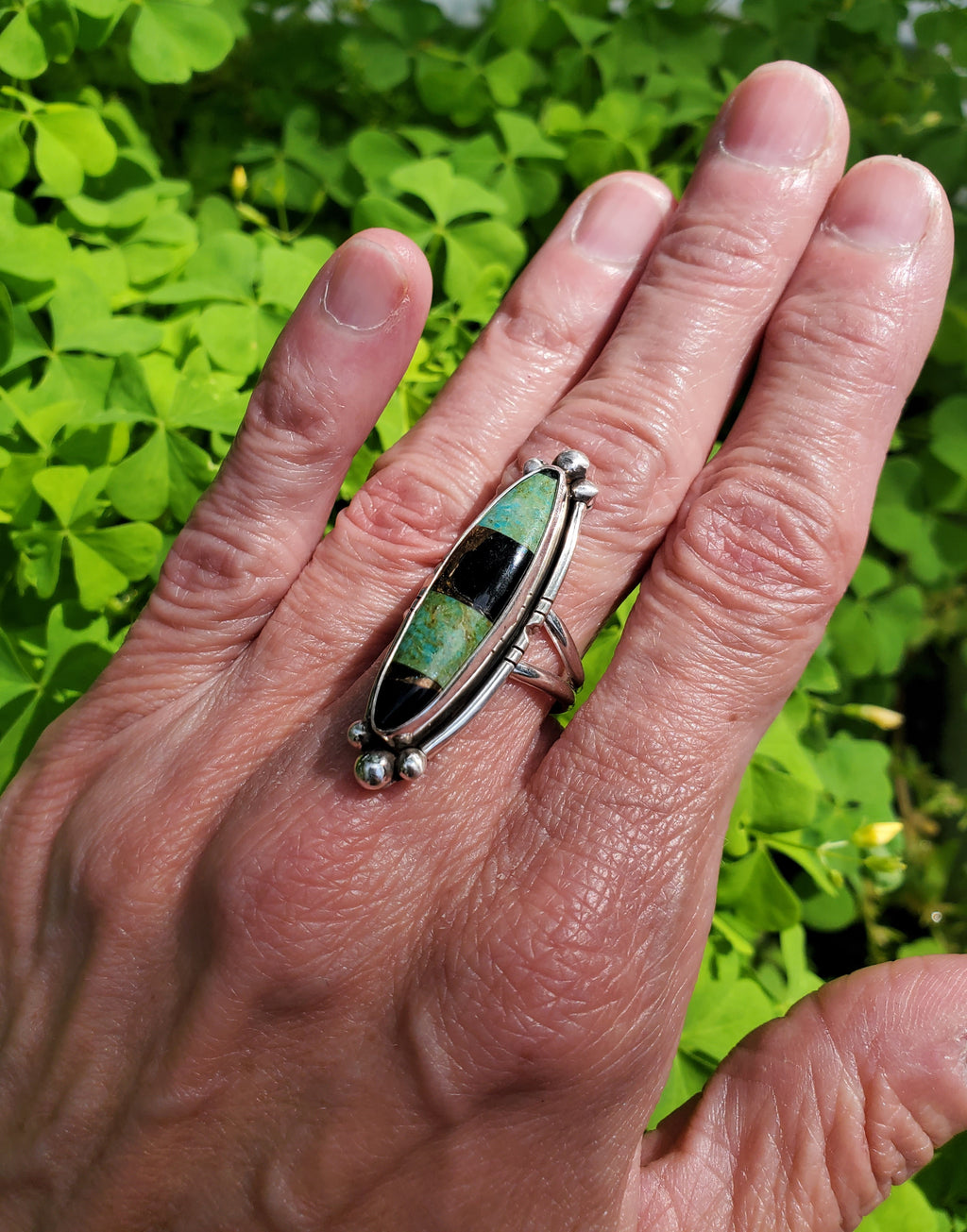 Autumn Creek Turquoise and Black Obsidian with Gold Sheen Sterling Silver Statement Ring with Cutouts! Size 6.75