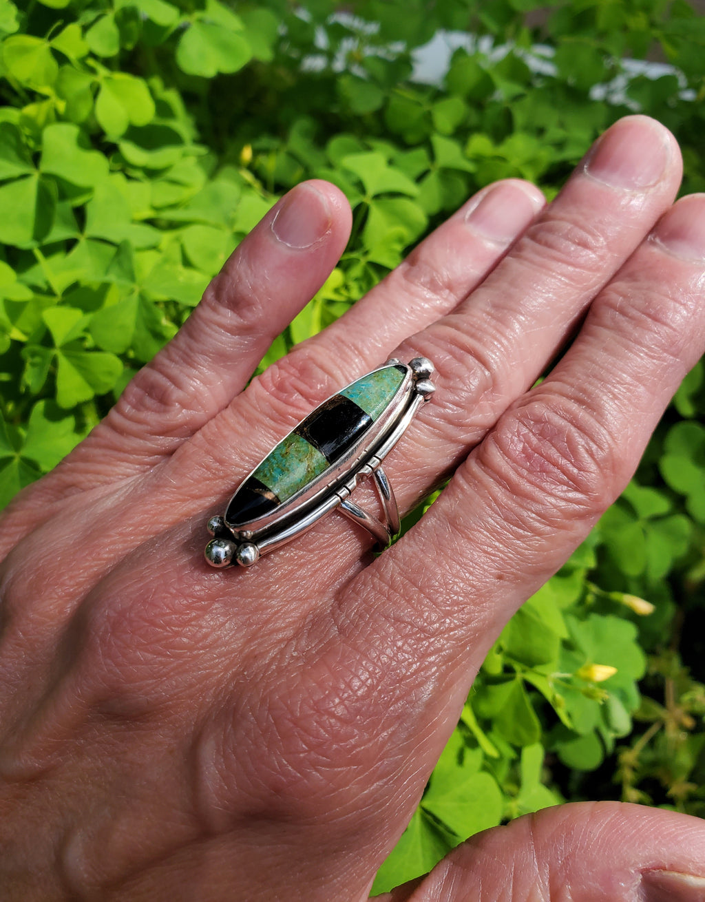 Autumn Creek Turquoise and Black Obsidian with Gold Sheen Sterling Silver Statement Ring with Cutouts! Size 6.75