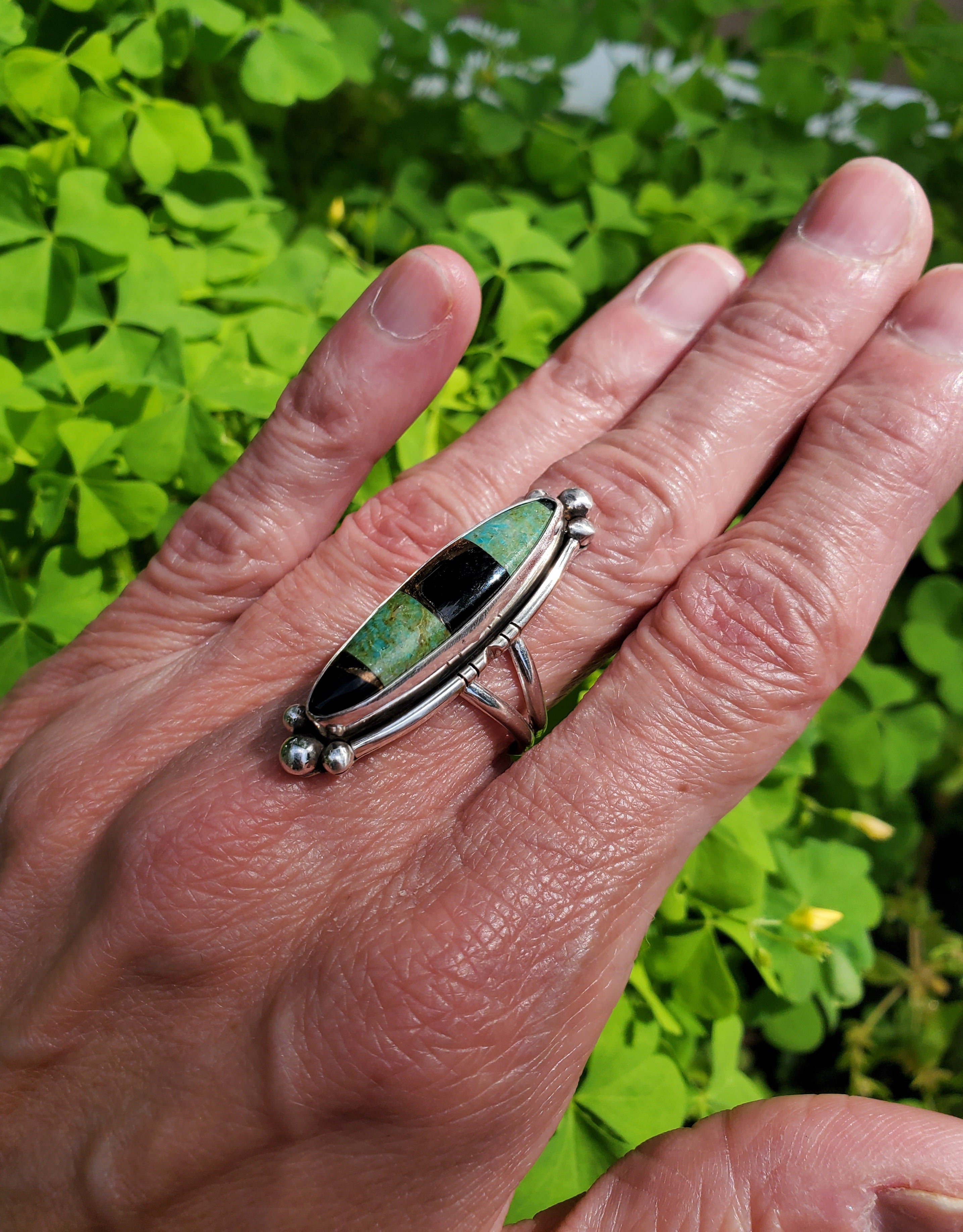 Autumn Creek Turquoise and Black Obsidian with Gold Sheen Sterling Silver Statement Ring with Cutouts! Size 6.75