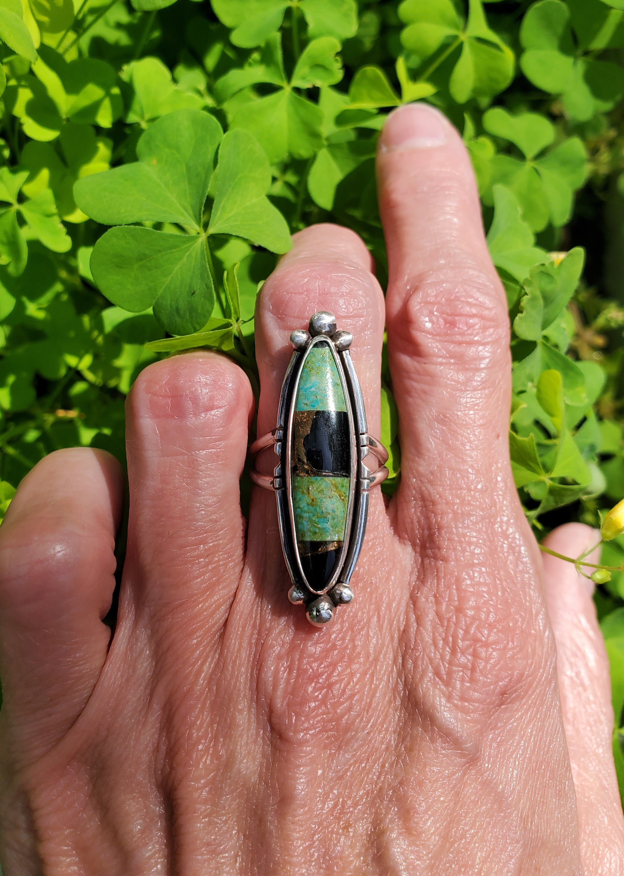 Autumn Creek Turquoise and Black Obsidian with Gold Sheen Sterling Silver Statement Ring with Cutouts! Size 6.75