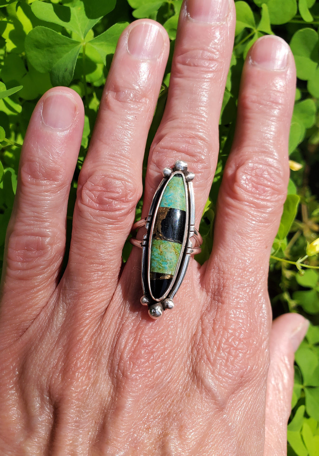 Autumn Creek Turquoise and Black Obsidian with Gold Sheen Sterling Silver Statement Ring with Cutouts! Size 6.75