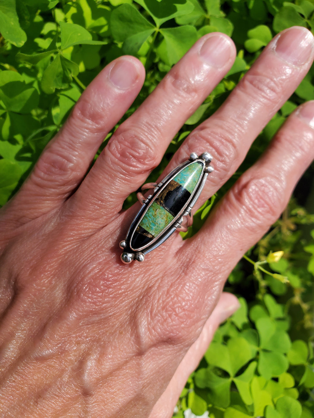 Autumn Creek Turquoise and Black Obsidian with Gold Sheen Sterling Silver Statement Ring with Cutouts! Size 6.75