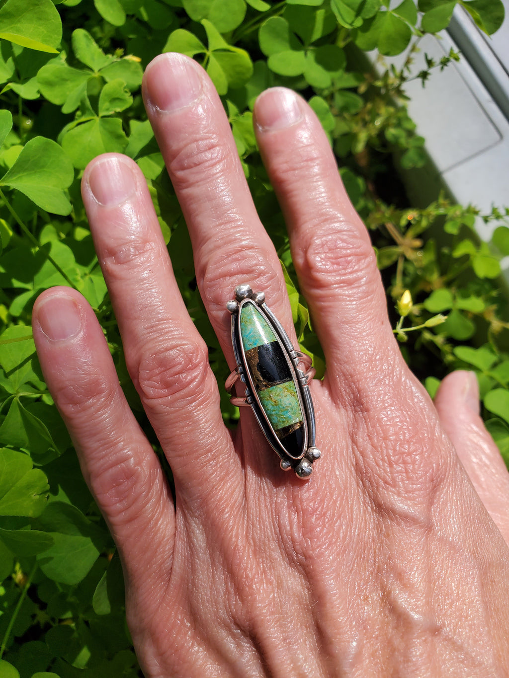 Autumn Creek Turquoise and Black Obsidian with Gold Sheen Sterling Silver Statement Ring with Cutouts! Size 6.75