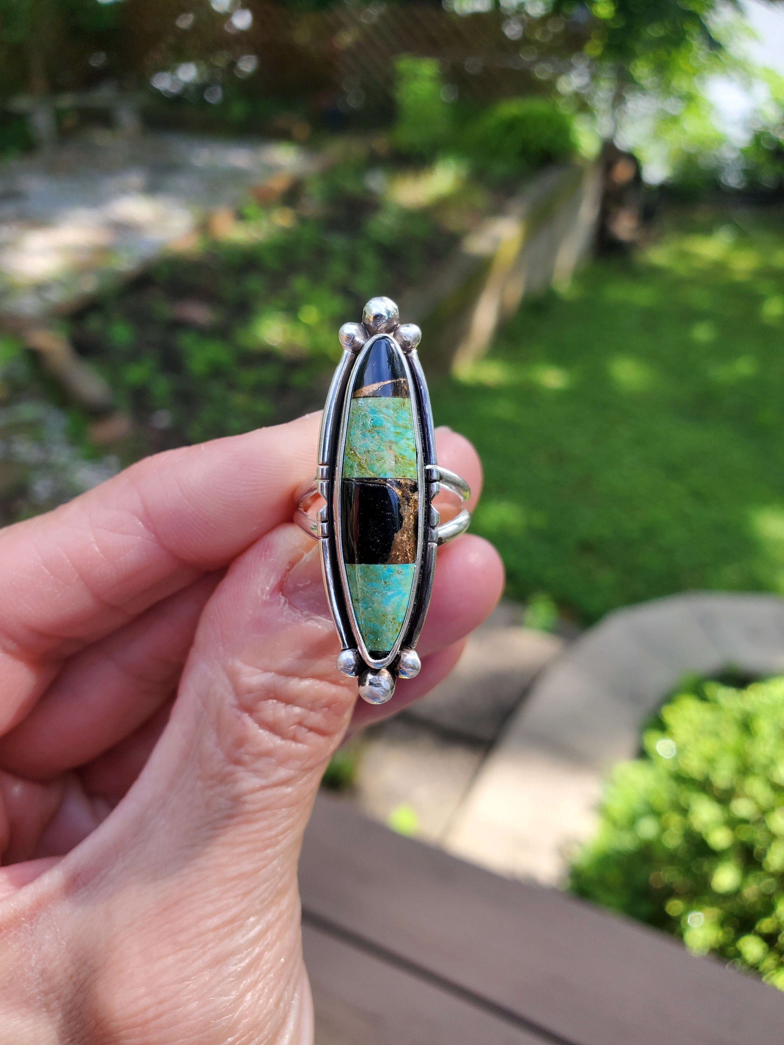Autumn Creek Turquoise and Black Obsidian with Gold Sheen Sterling Silver Statement Ring with Cutouts! Size 6.75