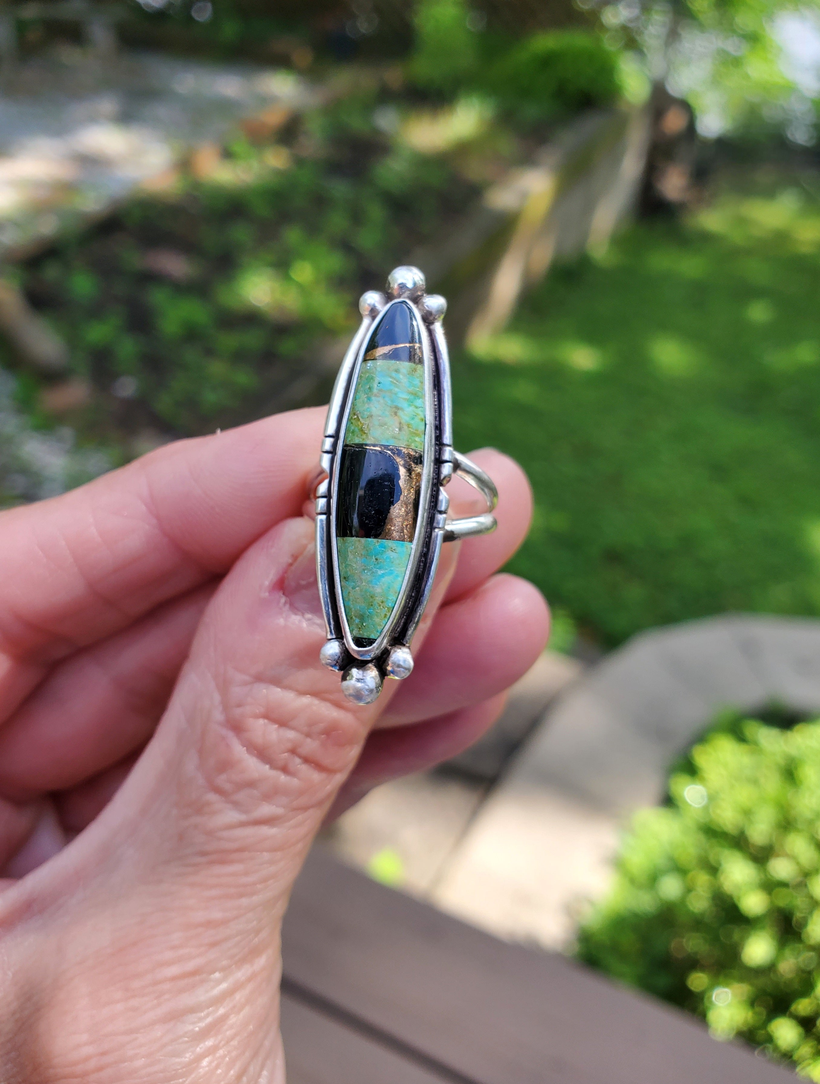 Autumn Creek Turquoise and Black Obsidian with Gold Sheen Sterling Silver Statement Ring with Cutouts! Size 6.75