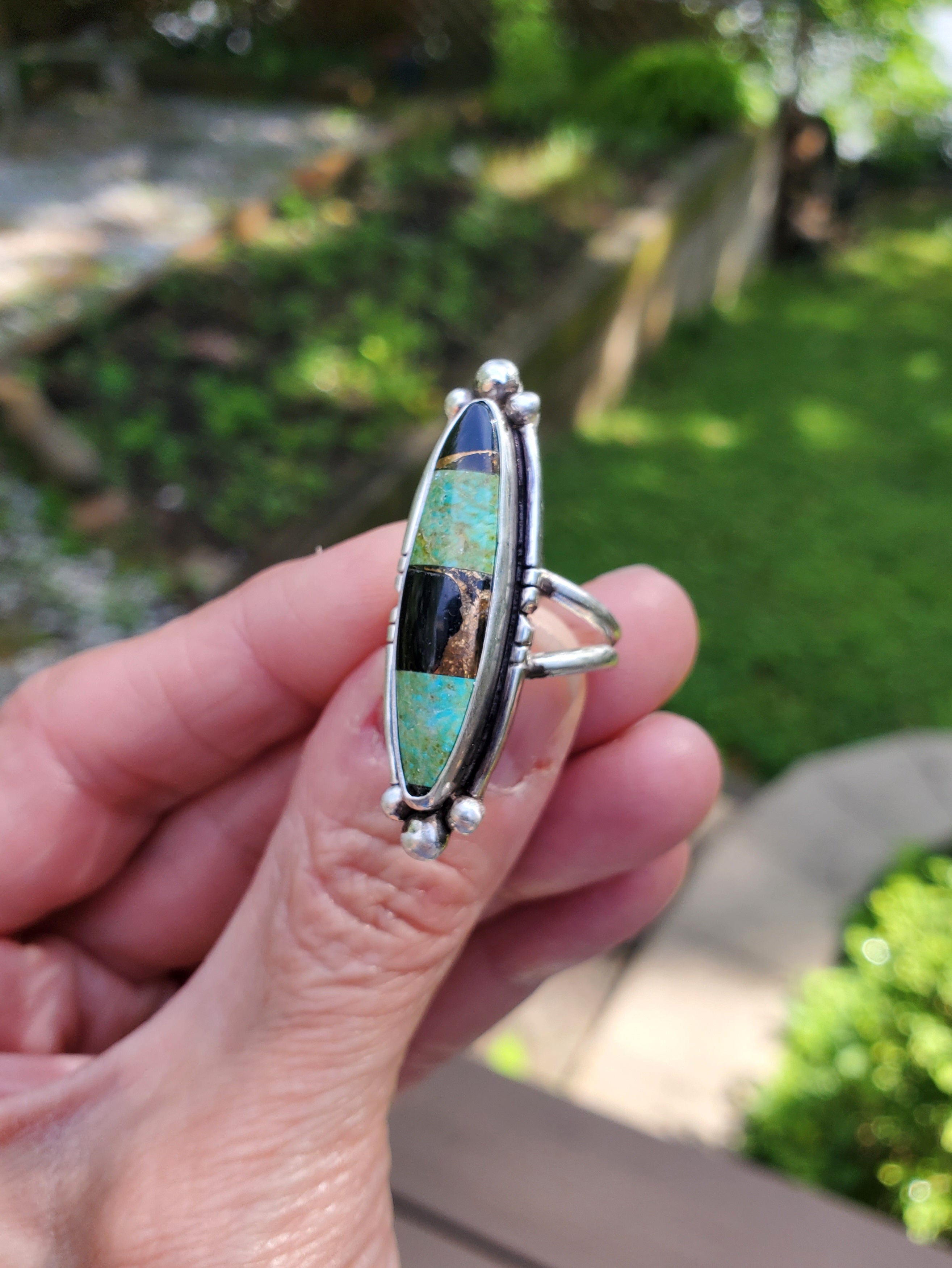 Autumn Creek Turquoise and Black Obsidian with Gold Sheen Sterling Silver Statement Ring with Cutouts! Size 6.75