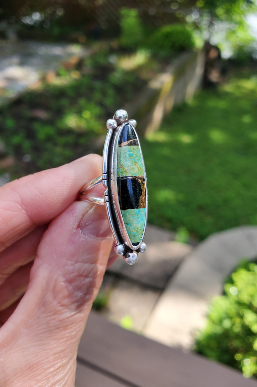 Autumn Creek Turquoise and Black Obsidian with Gold Sheen Sterling Silver Statement Ring with Cutouts! Size 6.75