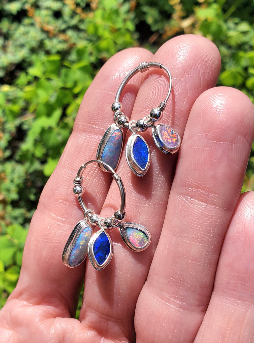 Australian Opal Triple Opal Hoop Earrings in Solid Sterling Silver