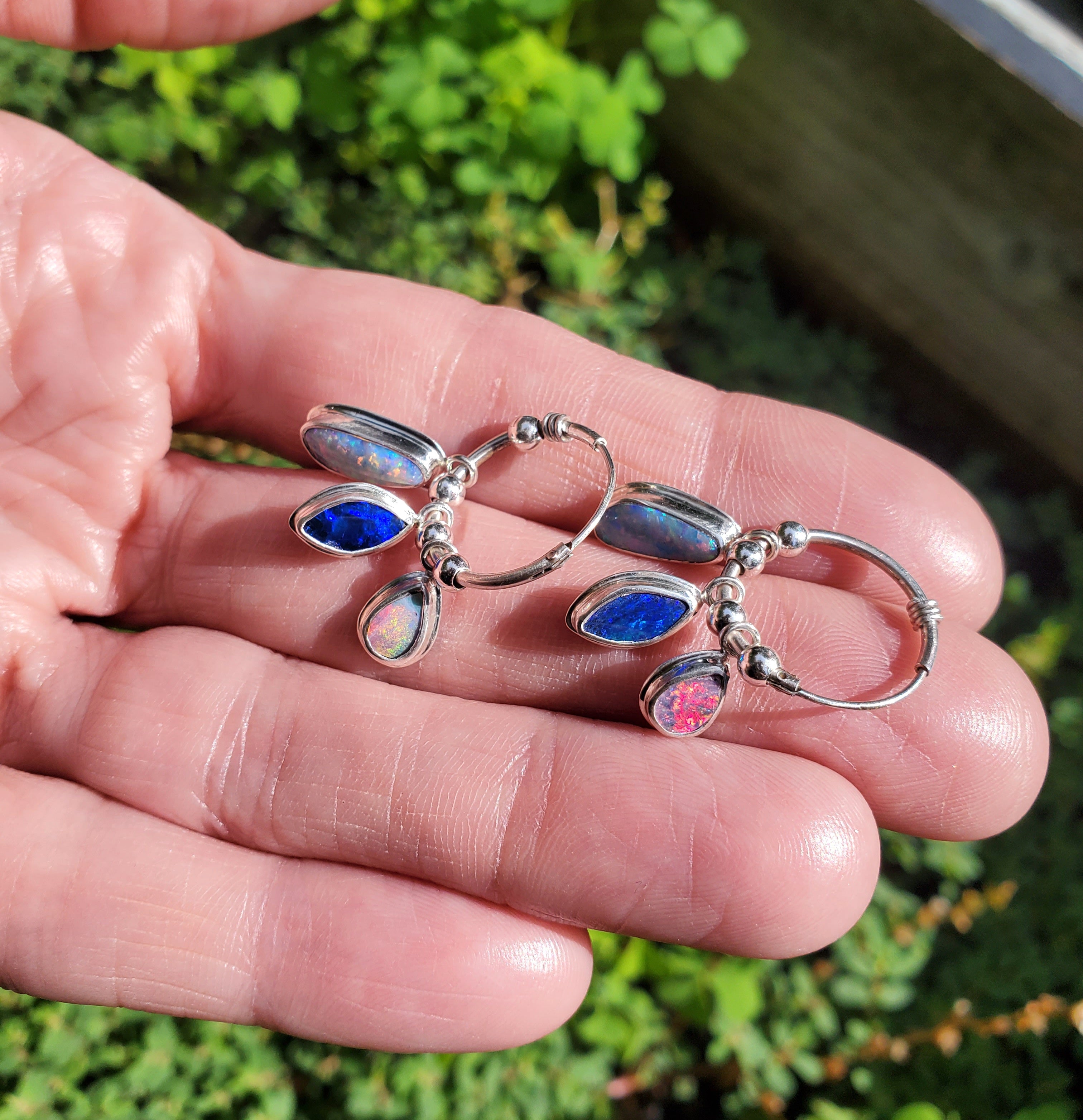 Australian Opal Triple Opal Hoop Earrings in Solid Sterling Silver