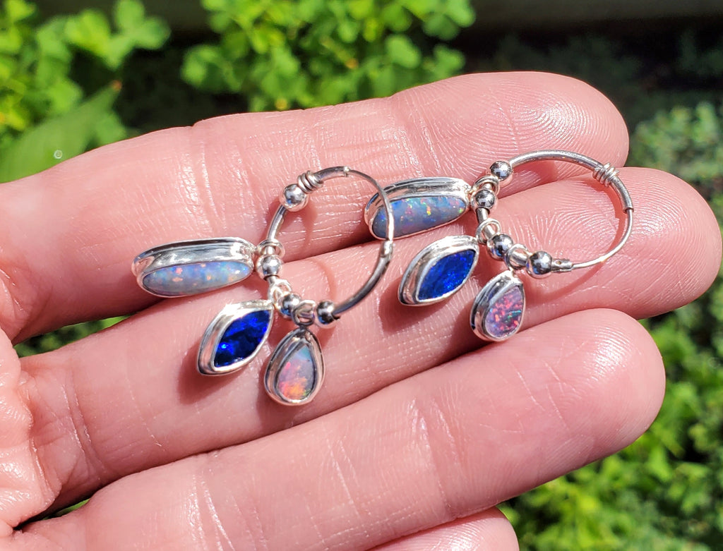 Australian Opal Triple Opal Hoop Earrings in Solid Sterling Silver