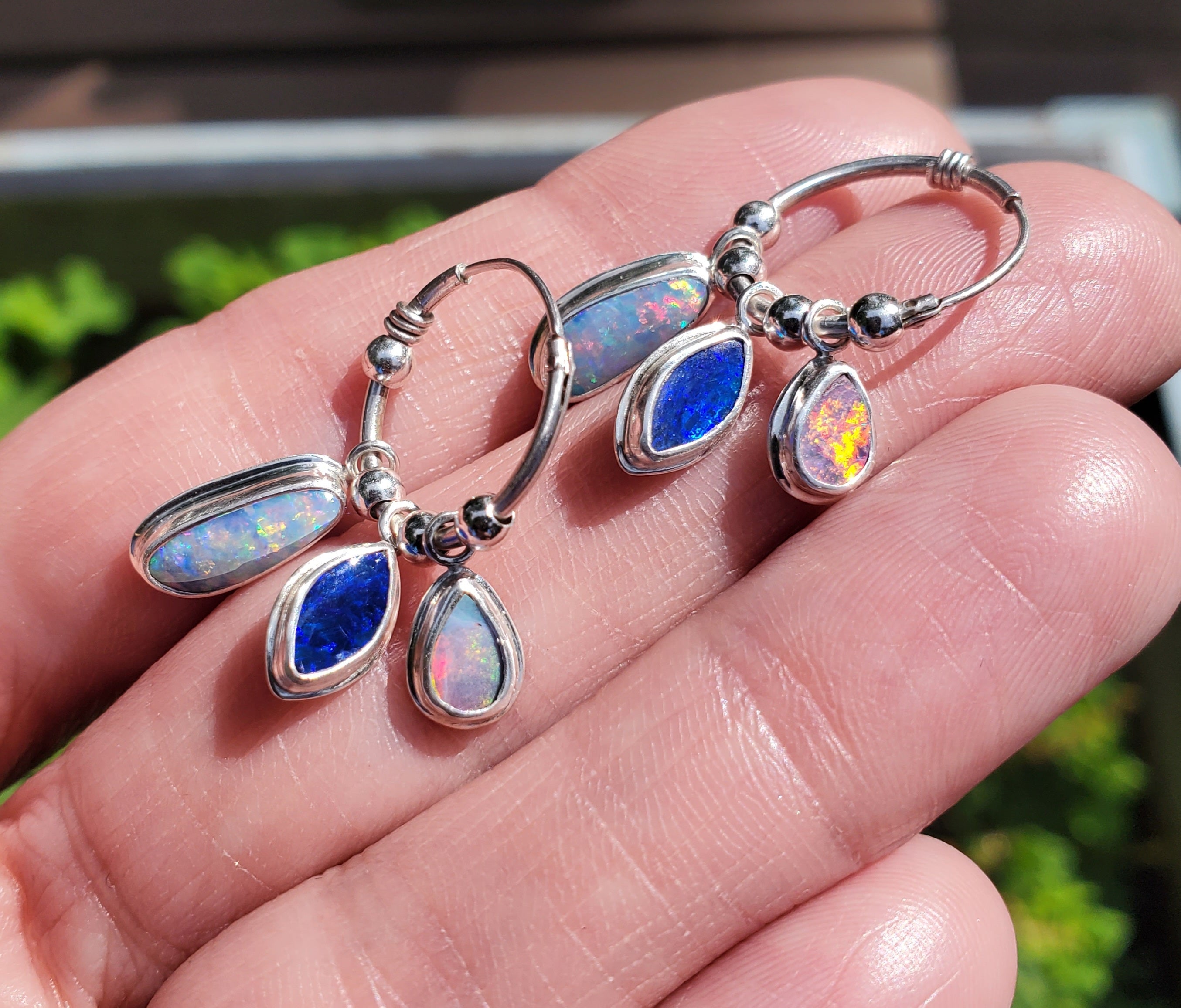 Australian Opal Triple Opal Hoop Earrings in Solid Sterling Silver
