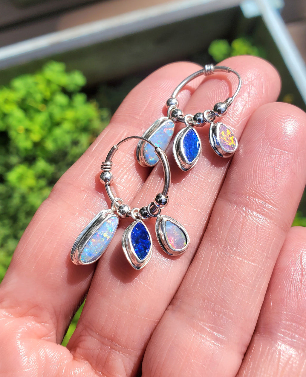 Australian Opal Triple Opal Hoop Earrings in Solid Sterling Silver
