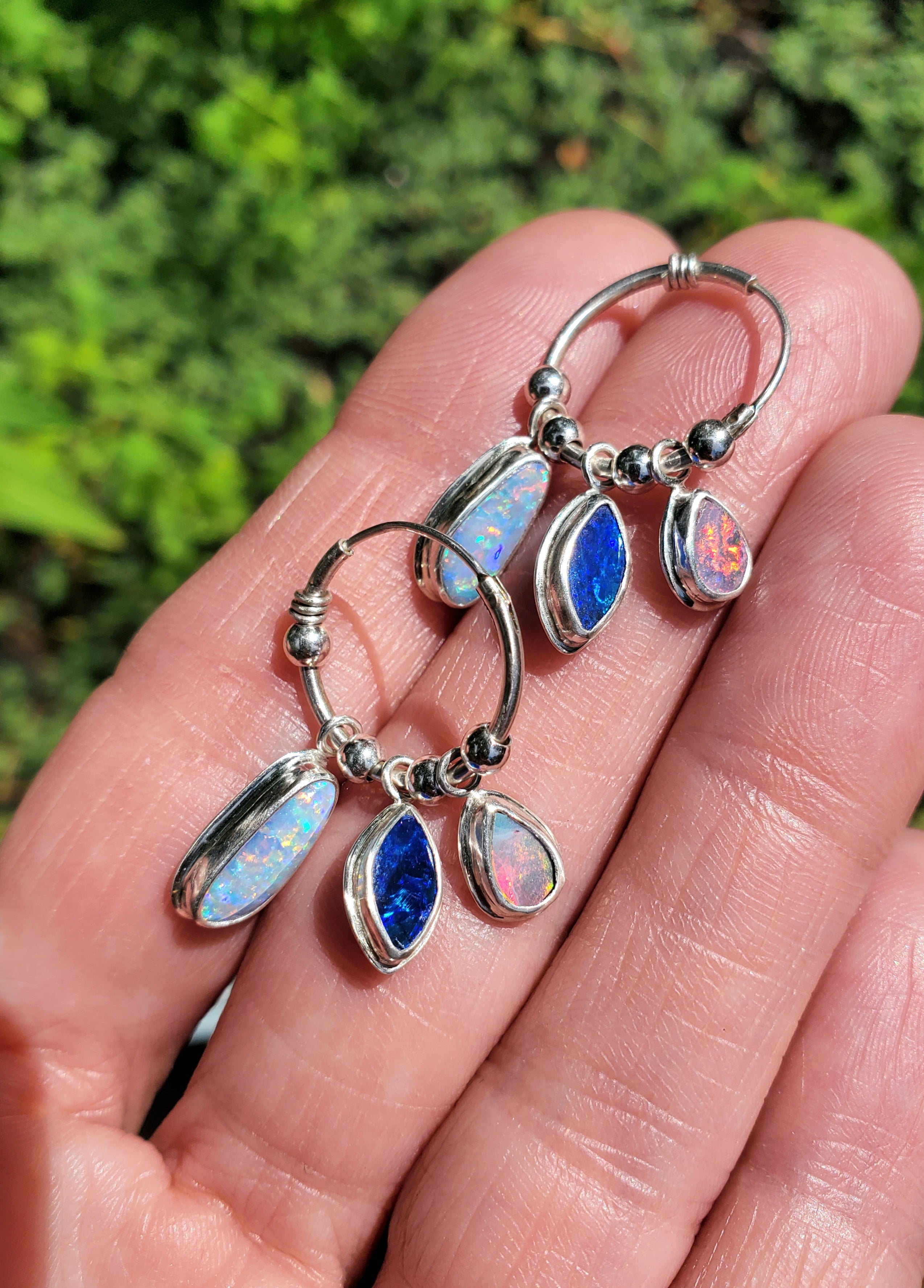 Australian Opal Triple Opal Hoop Earrings in Solid Sterling Silver