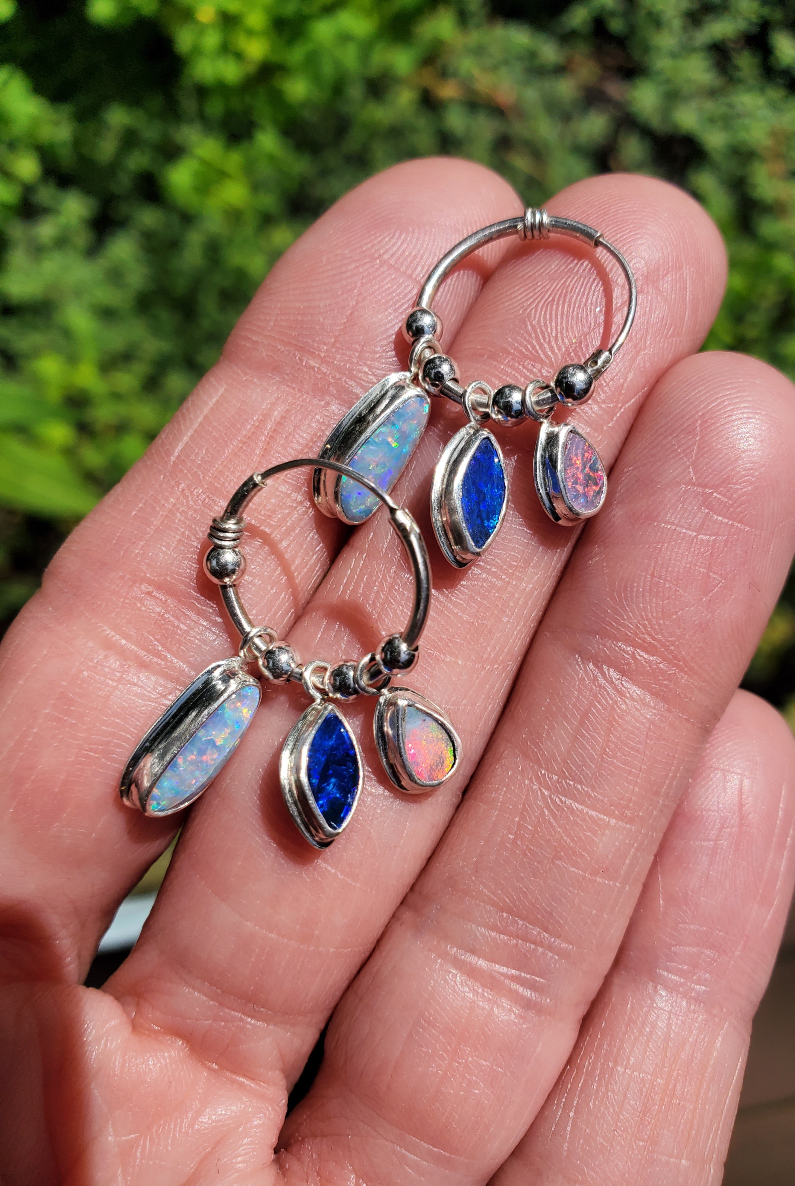Australian Opal Triple Opal Hoop Earrings in Solid Sterling Silver