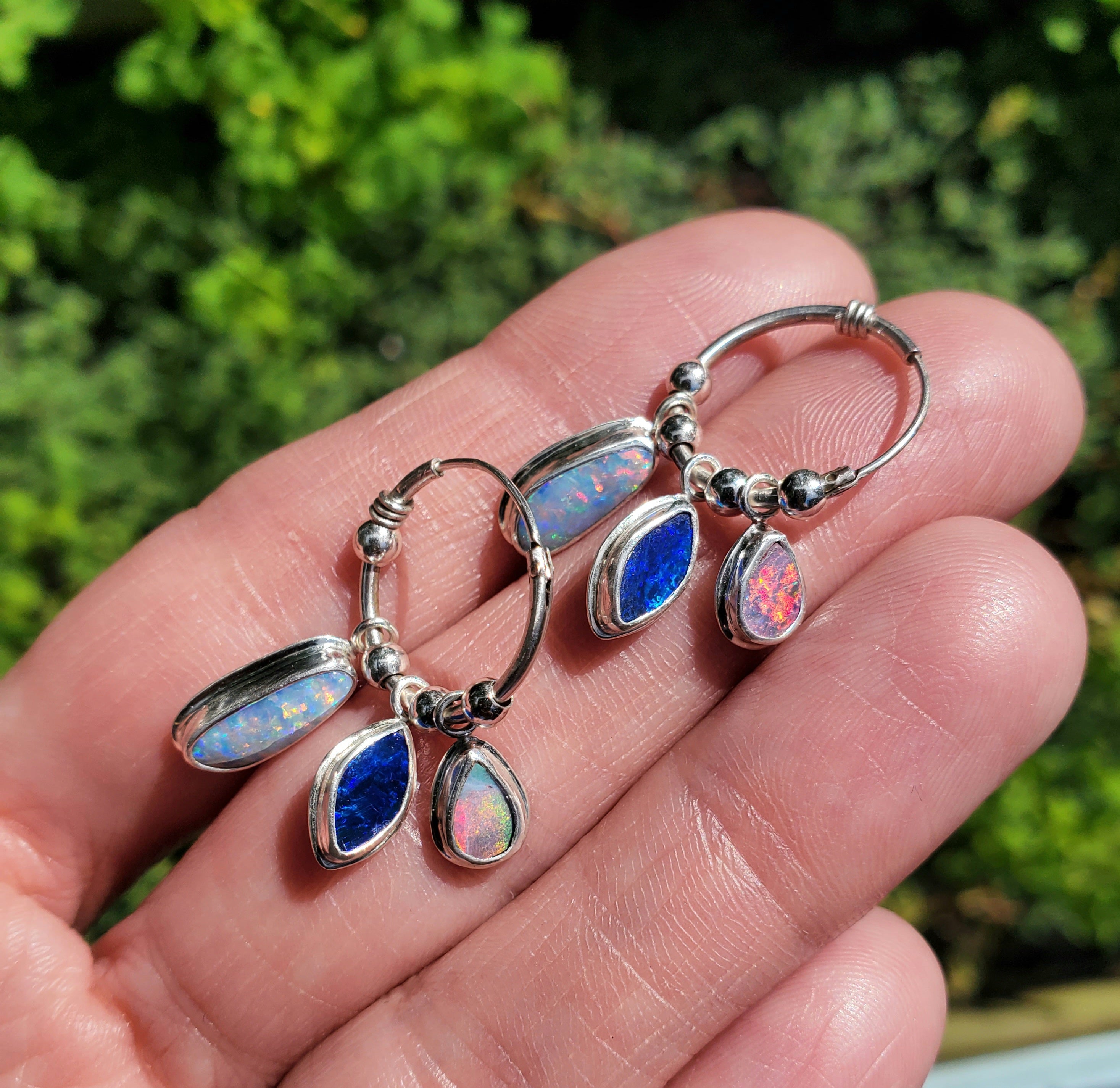 Australian Opal Triple Opal Hoop Earrings in Solid Sterling Silver