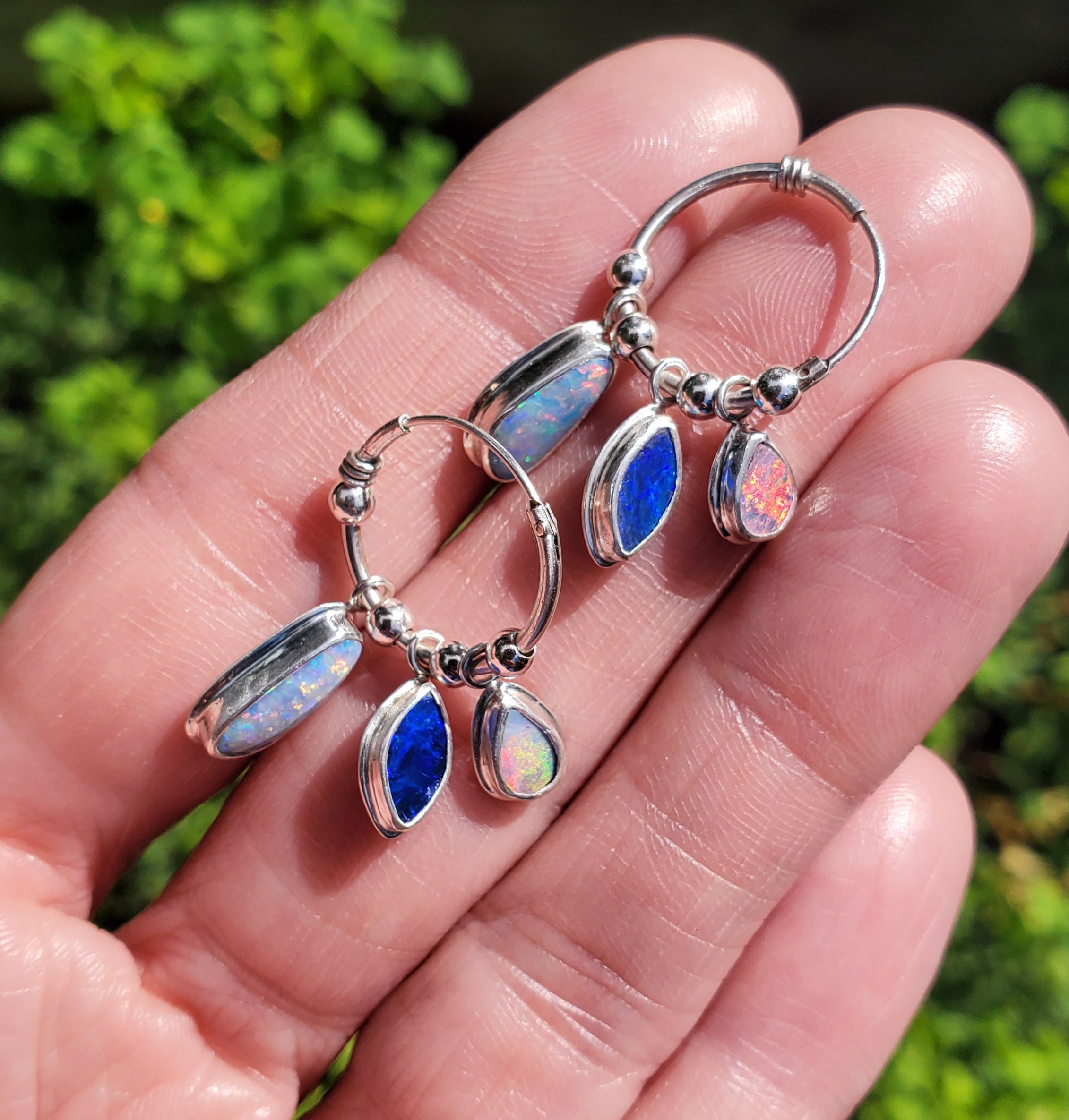 Australian Opal Triple Opal Hoop Earrings in Solid Sterling Silver