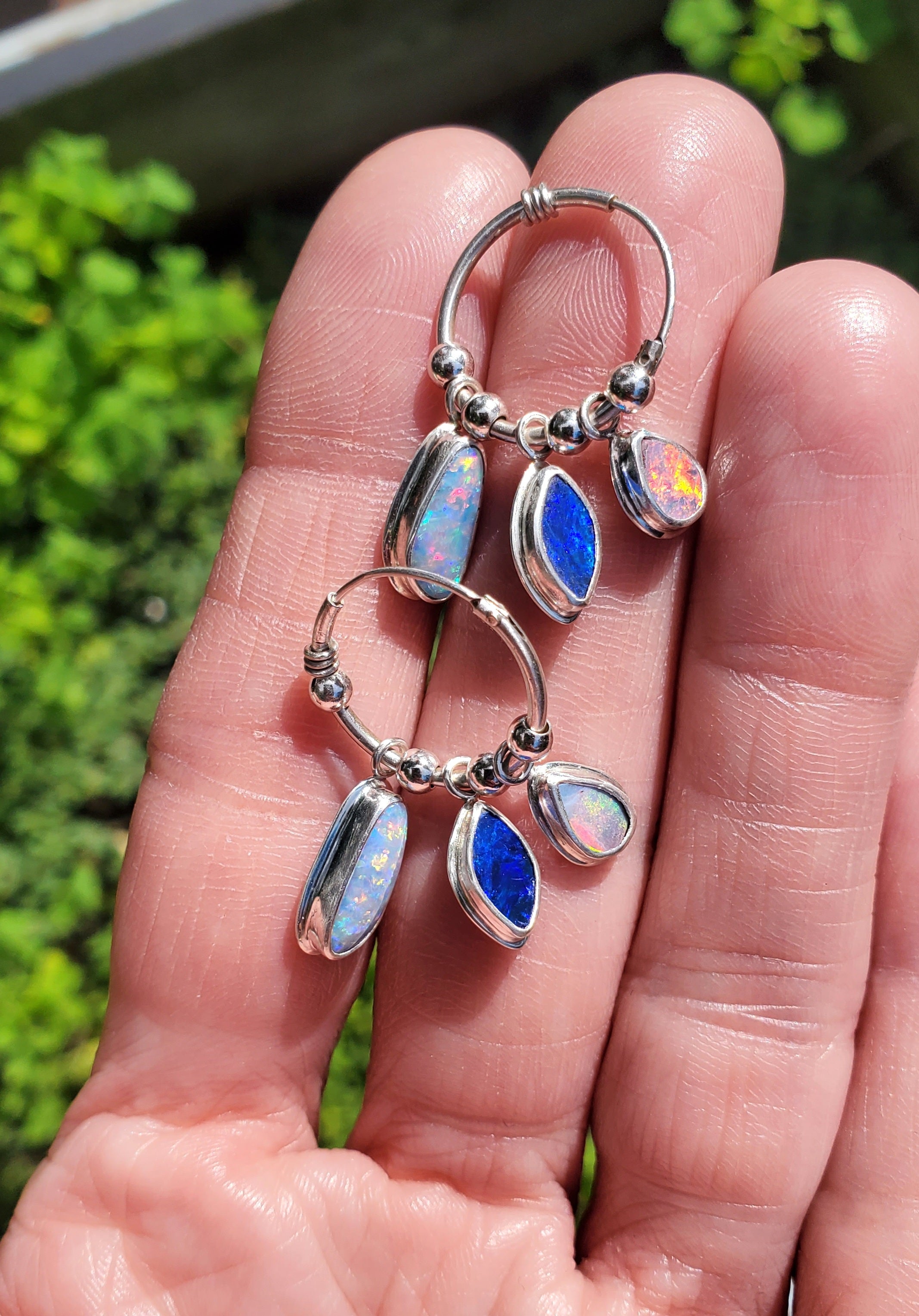 Australian Opal Triple Opal Hoop Earrings in Solid Sterling Silver
