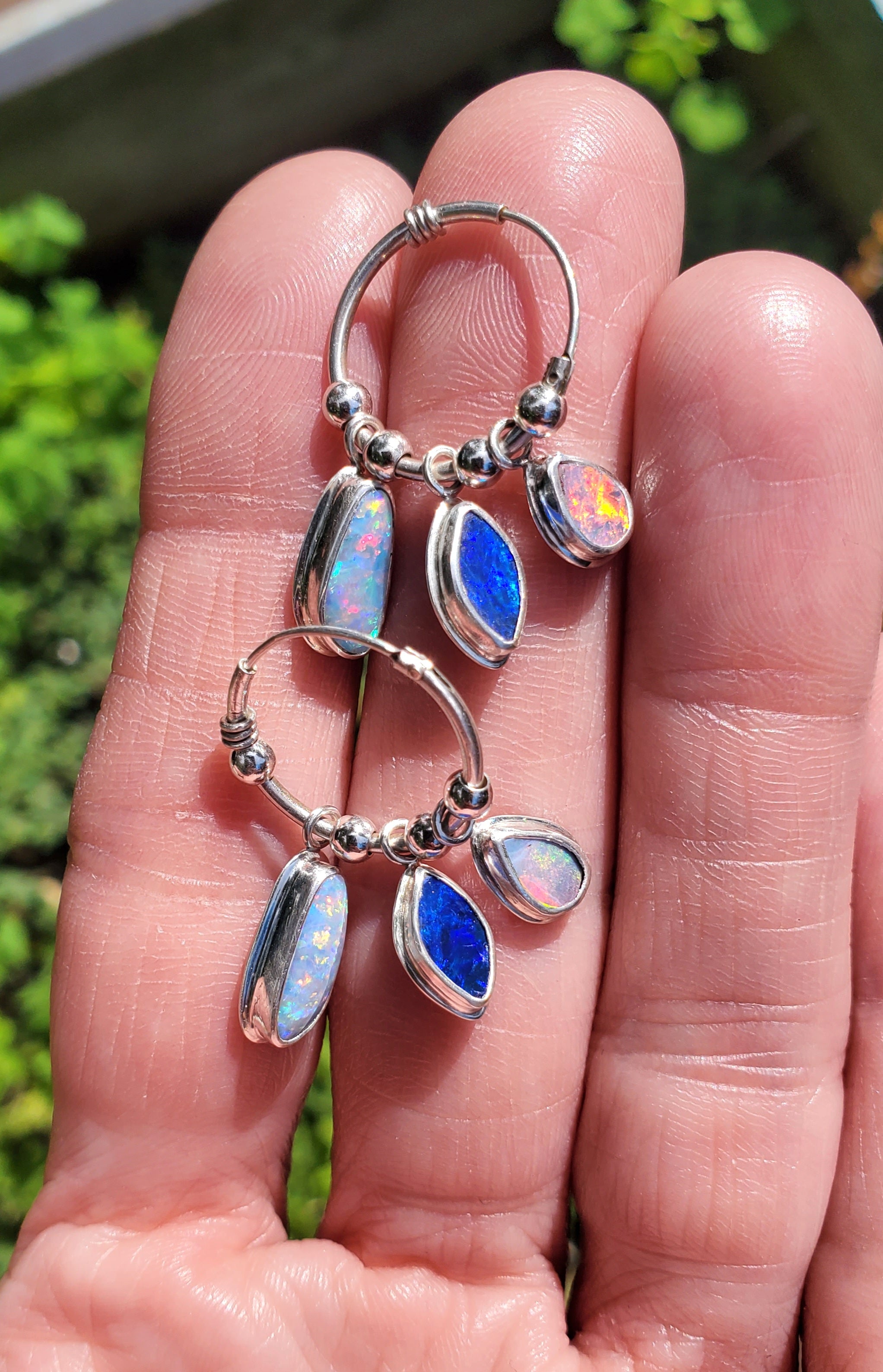 Australian Opal Triple Opal Hoop Earrings in Solid Sterling Silver