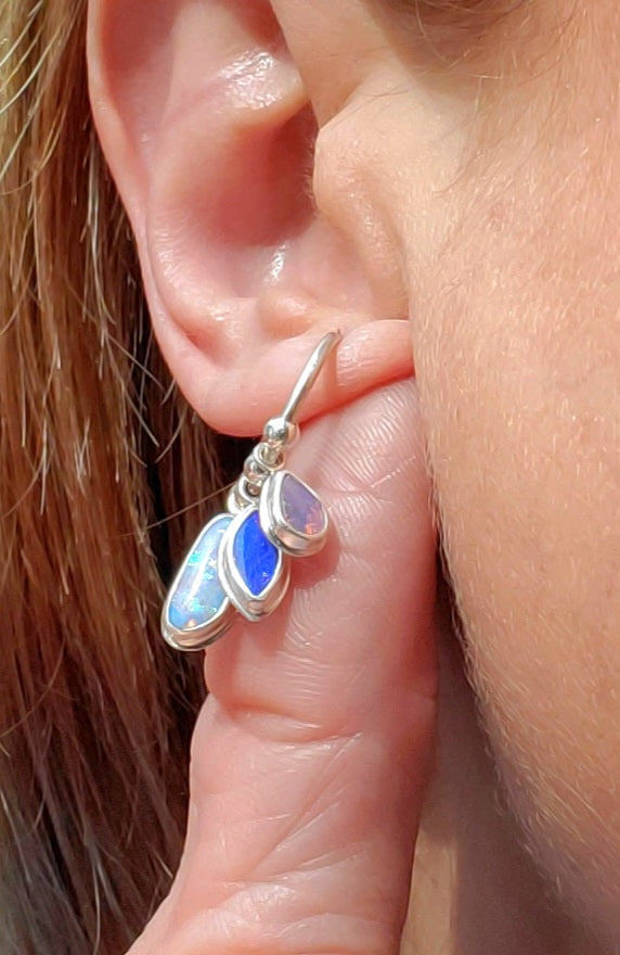 Australian Opal Triple Opal Hoop Earrings in Solid Sterling Silver