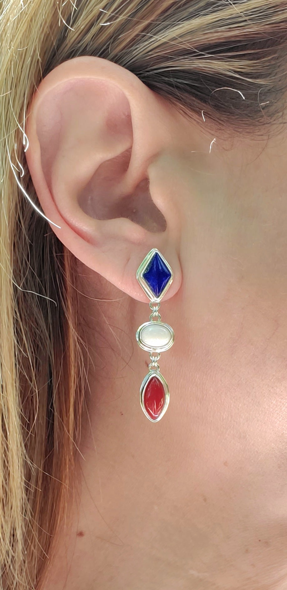 Patriotic Red White & Blue Dangle Earrings - Lapis Lazuli, White Buffalo, and Rosarita all done in Sterling Silver