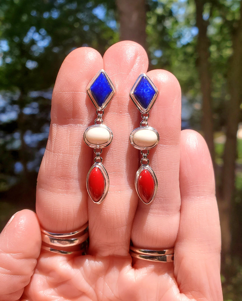 Patriotic Red White & Blue Dangle Earrings - Lapis Lazuli, White Buffalo, and Rosarita all done in Sterling Silver