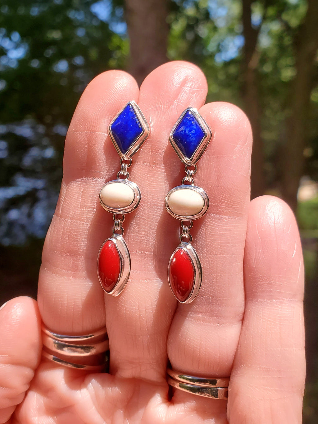 Patriotic Red White & Blue Dangle Earrings - Lapis Lazuli, White Buffalo, and Rosarita all done in Sterling Silver