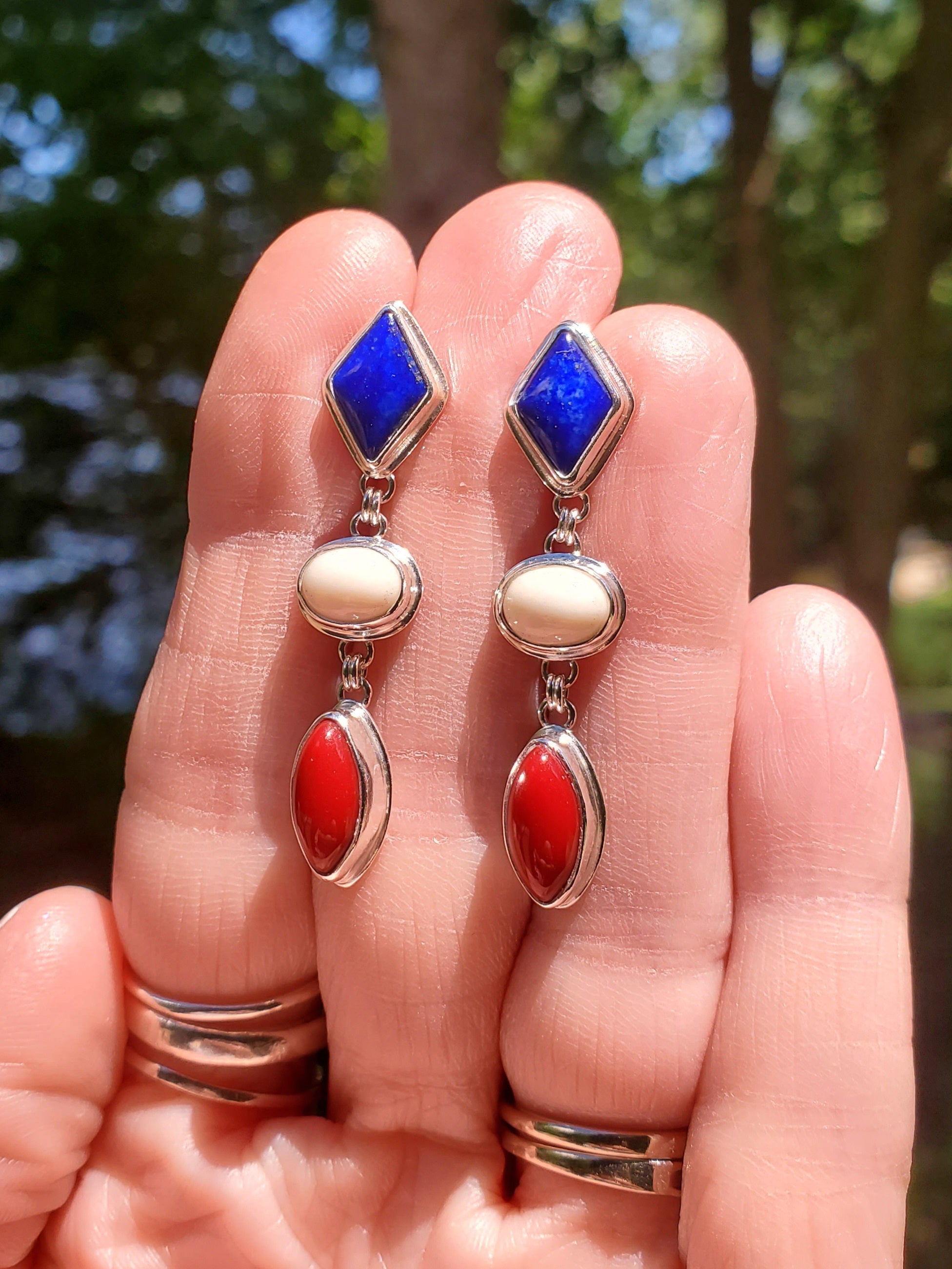 Patriotic Red White & Blue Dangle Earrings - Lapis Lazuli, White Buffalo, and Rosarita all done in Sterling Silver