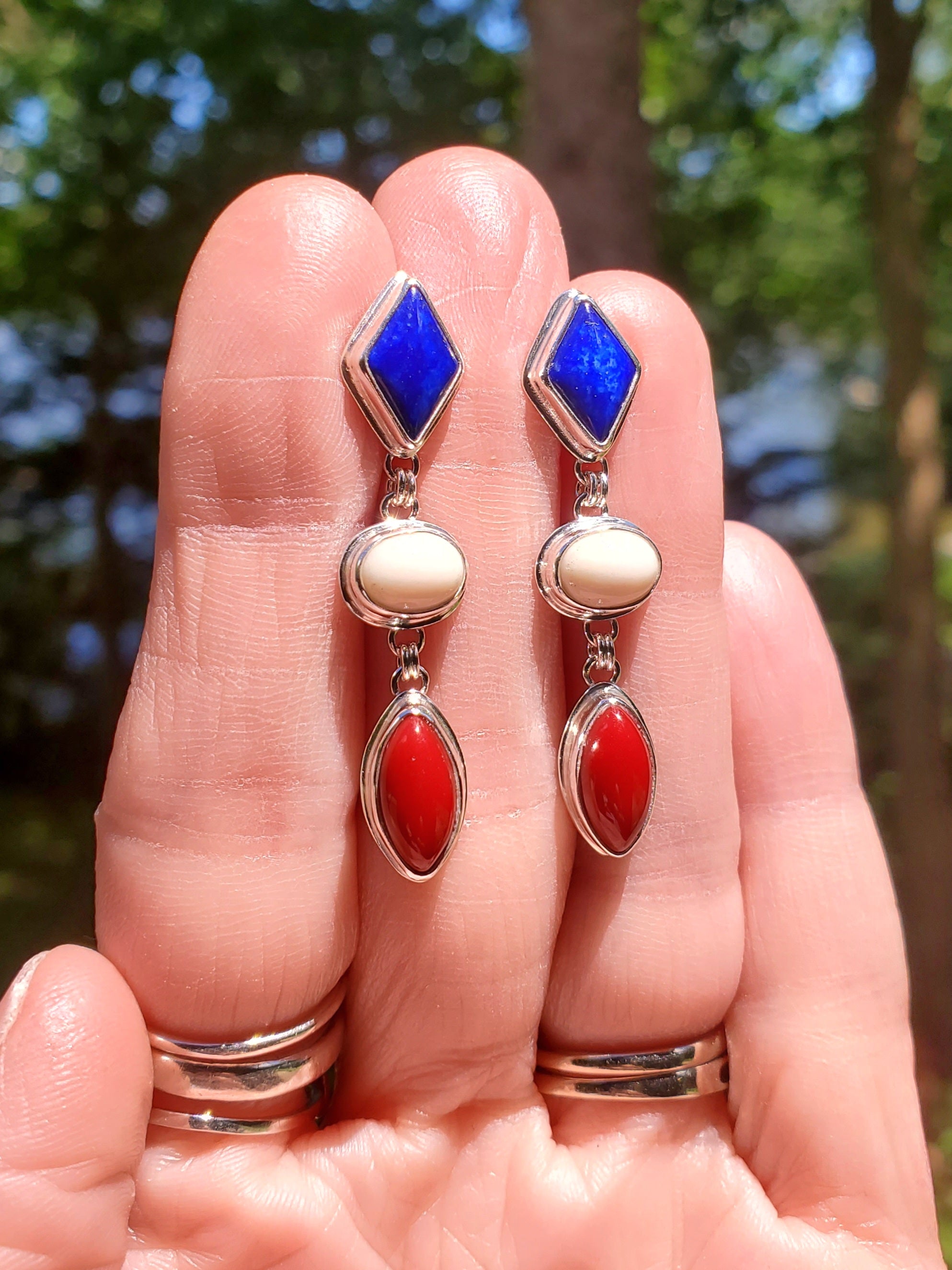 Patriotic Red White & Blue Dangle Earrings - Lapis Lazuli, White Buffalo, and Rosarita all done in Sterling Silver