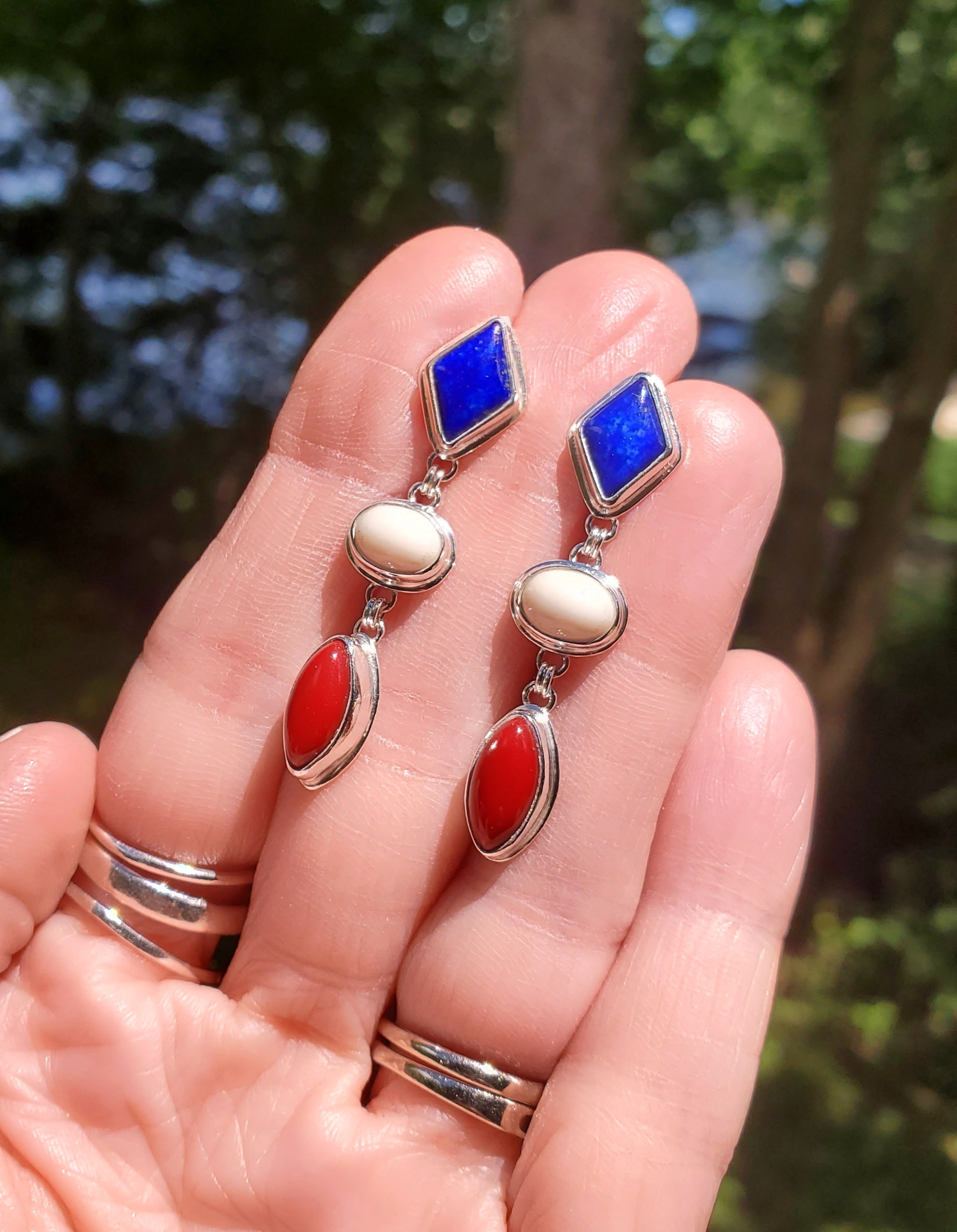 Patriotic Red White & Blue Dangle Earrings - Lapis Lazuli, White Buffalo, and Rosarita all done in Sterling Silver