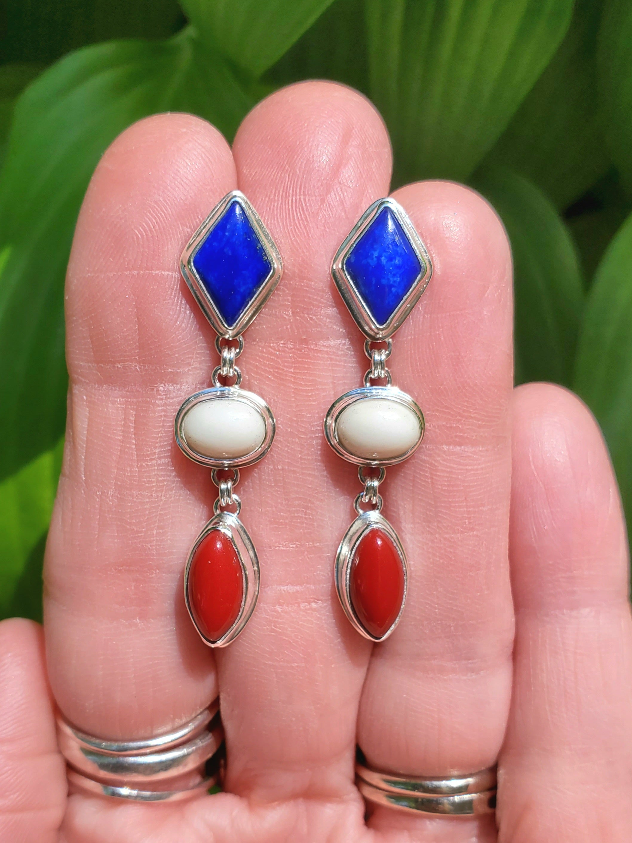 Patriotic Red White & Blue Dangle Earrings - Lapis Lazuli, White Buffalo, and Rosarita all done in Sterling Silver