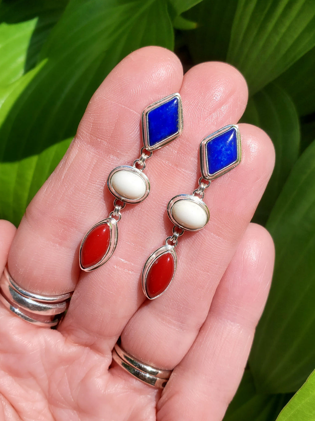 Patriotic Red White & Blue Dangle Earrings - Lapis Lazuli, White Buffalo, and Rosarita all done in Sterling Silver
