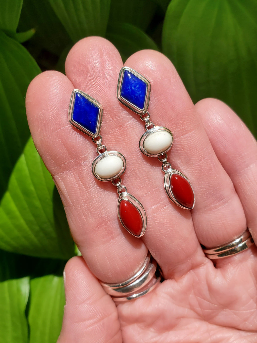 Patriotic Red White & Blue Dangle Earrings - Lapis Lazuli, White Buffalo, and Rosarita all done in Sterling Silver