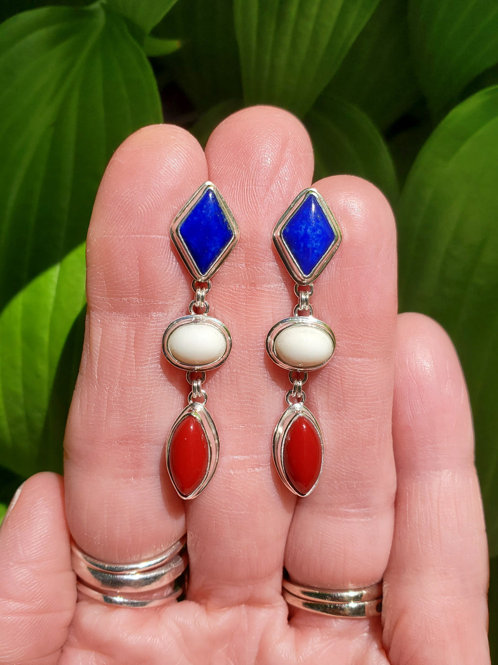 Patriotic Red White & Blue Dangle Earrings - Lapis Lazuli, White Buffalo, and Rosarita all done in Sterling Silver