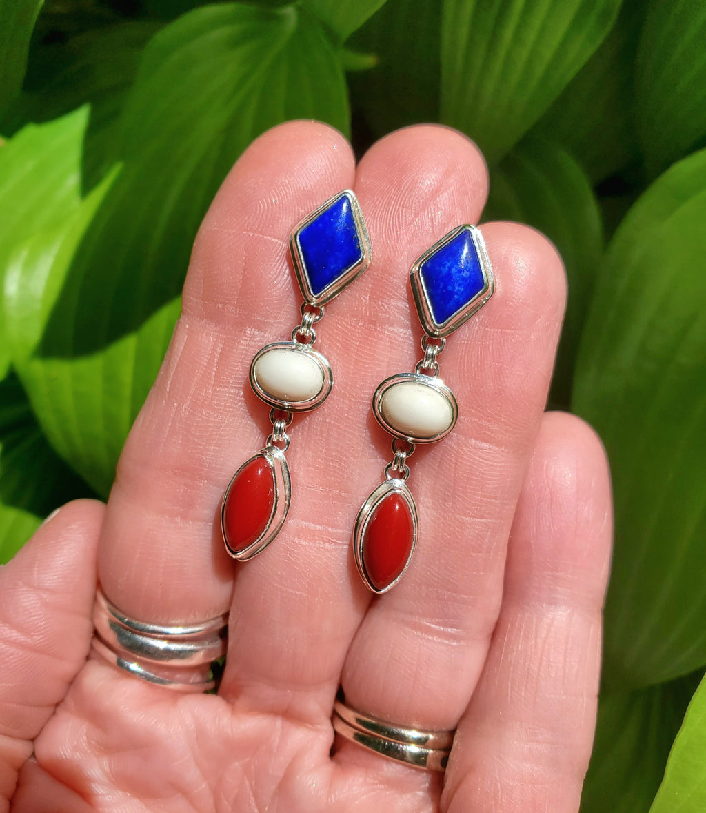 Patriotic Red White & Blue Dangle Earrings - Lapis Lazuli, White Buffalo, and Rosarita all done in Sterling Silver
