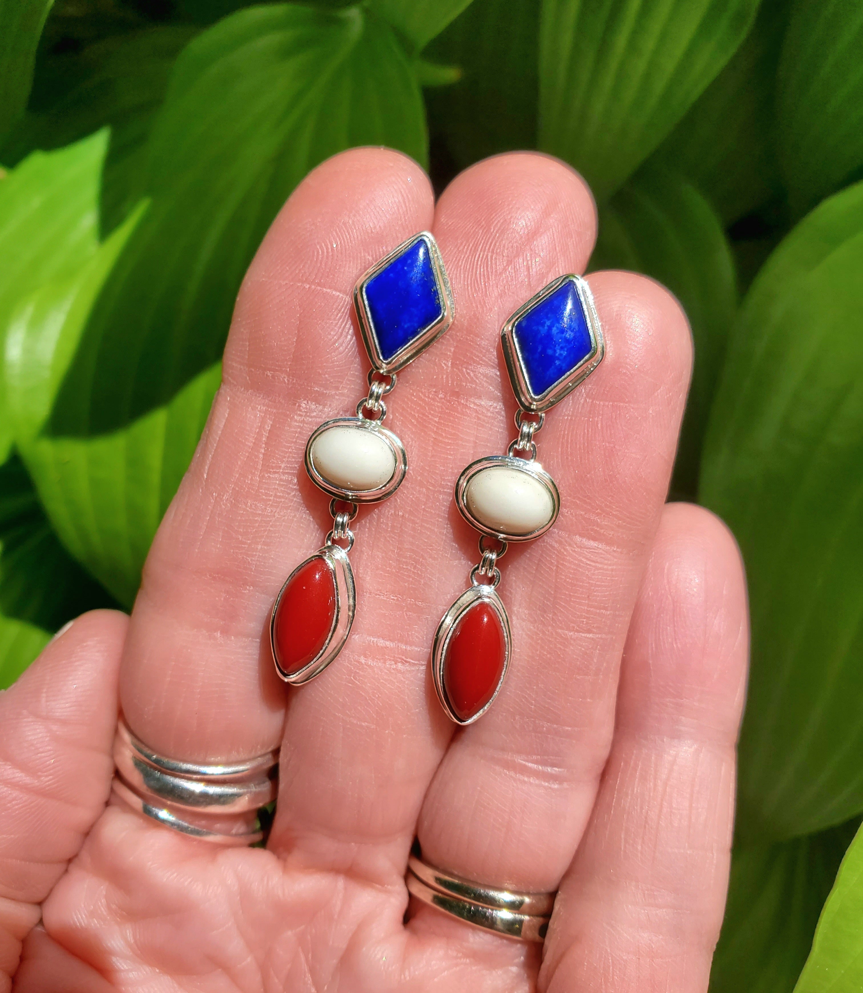 Patriotic Red White & Blue Dangle Earrings - Lapis Lazuli, White Buffalo, and Rosarita all done in Sterling Silver
