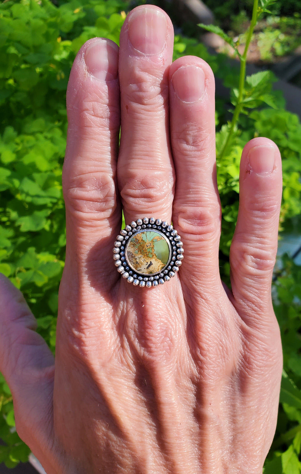 Chameleon Variscite Statement Circle Ring in Solid Sterling Silver. Size 7.5