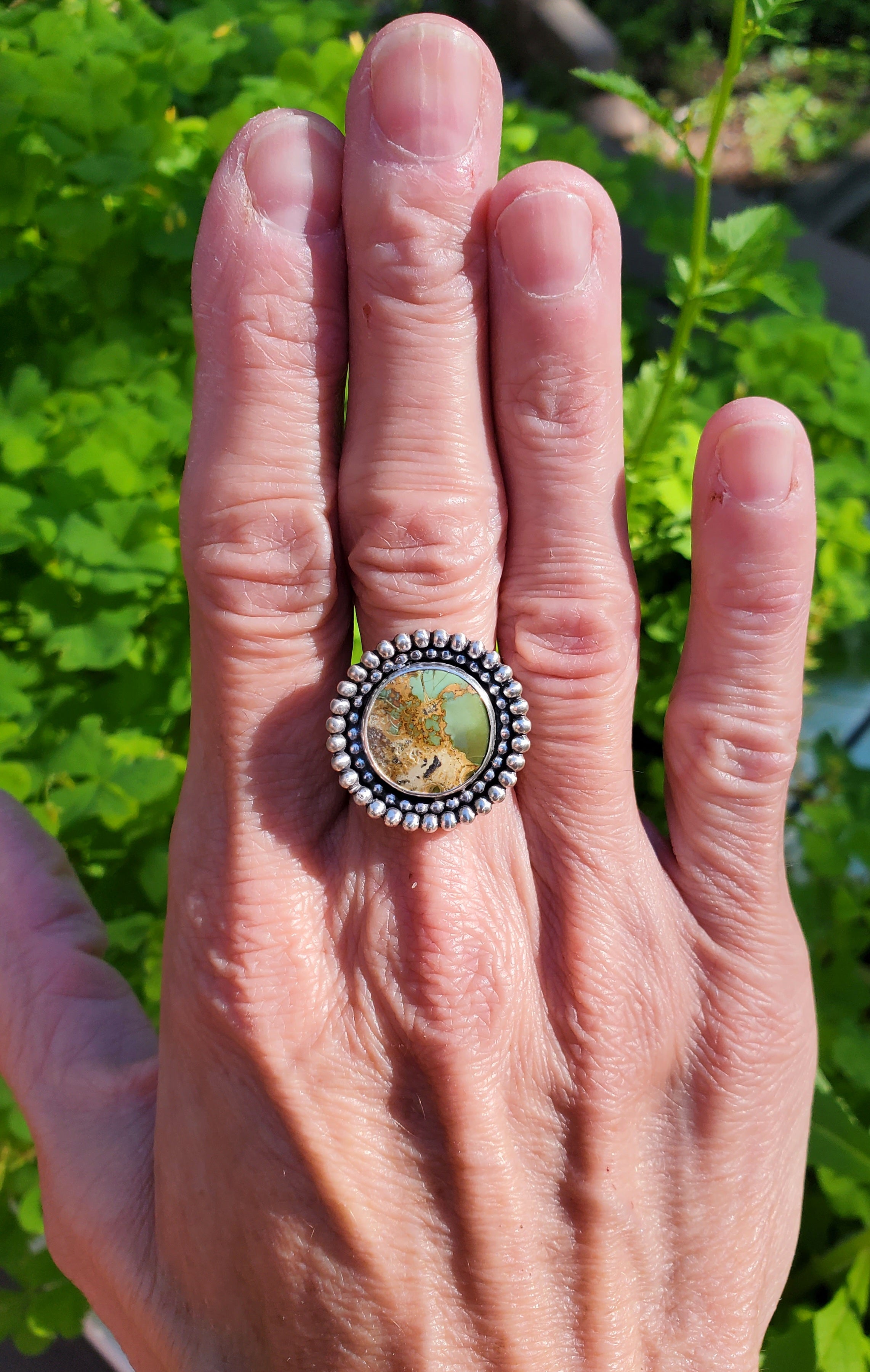 Chameleon Variscite Statement Circle Ring in Solid Sterling Silver. Size 7.5