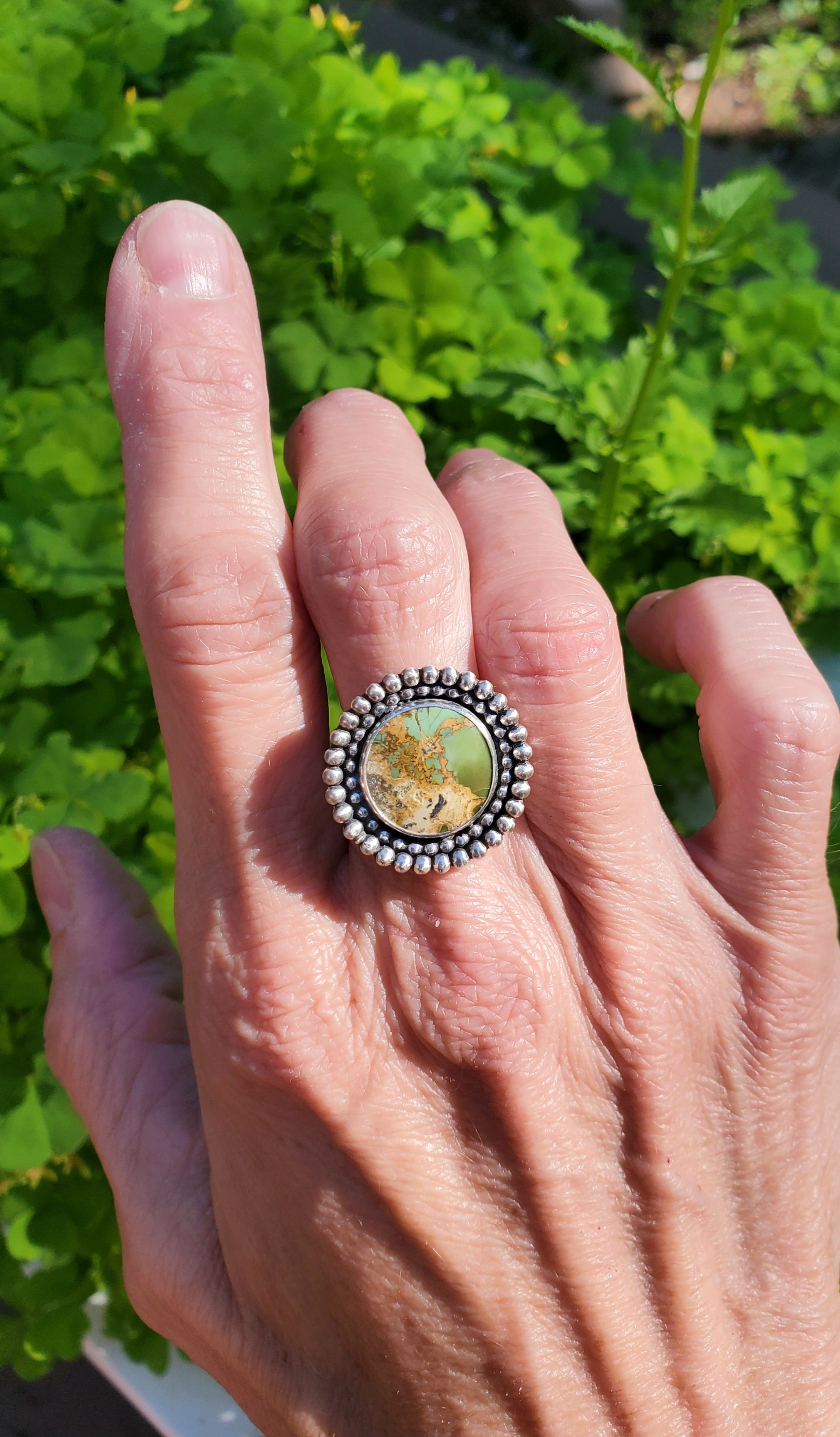 Chameleon Variscite Statement Circle Ring in Solid Sterling Silver. Size 7.5